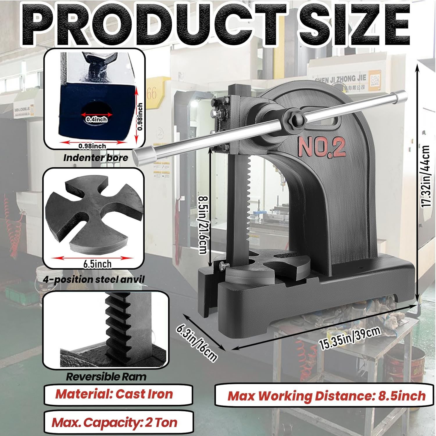 Arbor Press 2 T Lever Bench Mountable Bearings Cast Iron Manual Desktop Bending