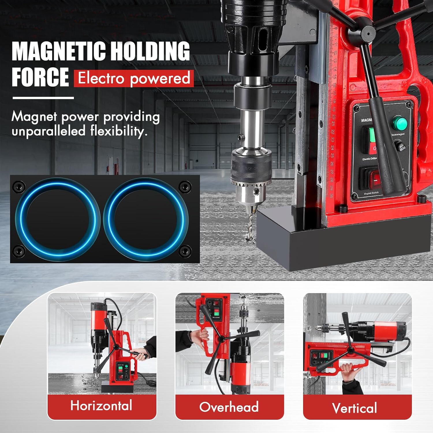 Magnetic Drill Press 1550W 2922lbf/13000N 500RPM 10-Speed W/ 3Pcs Drill Bits USA