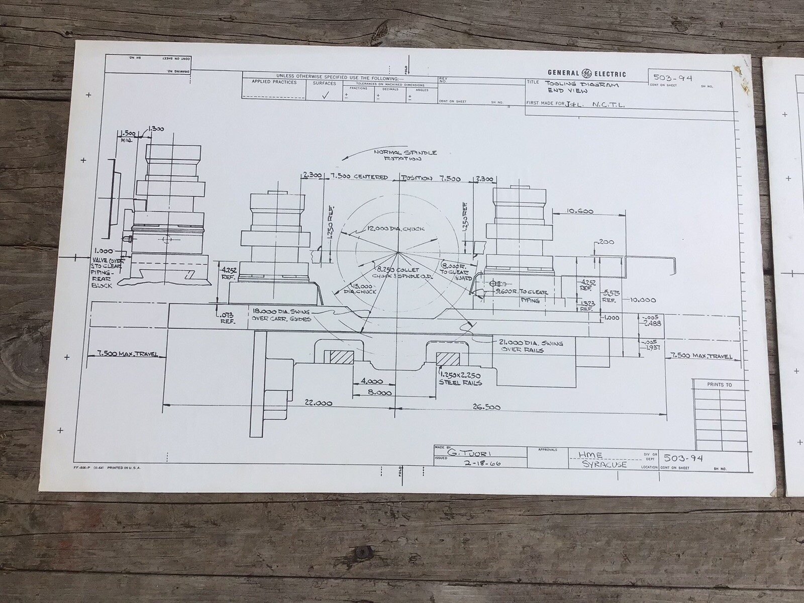 GE Engineering Drawings 1966, 22”x34”, Lathe Square Turret Lathe Tooling, Poster