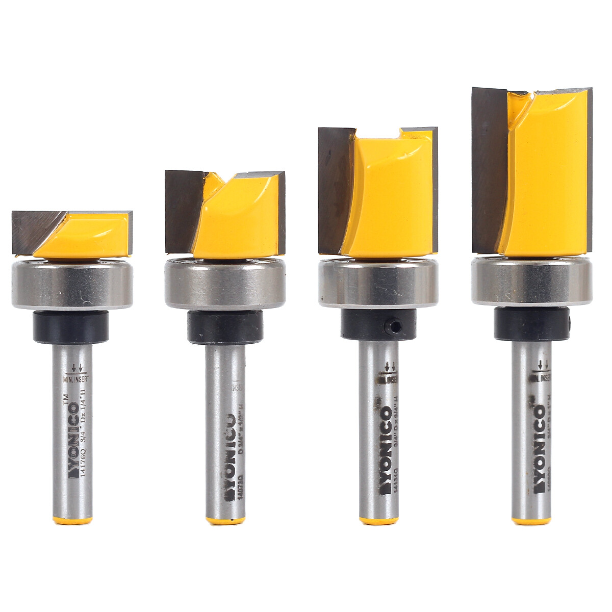 4 Bit 3/4″ Diameter Flush Trim Router Bit Set – 1/4″ Shank – Yonico 14425q