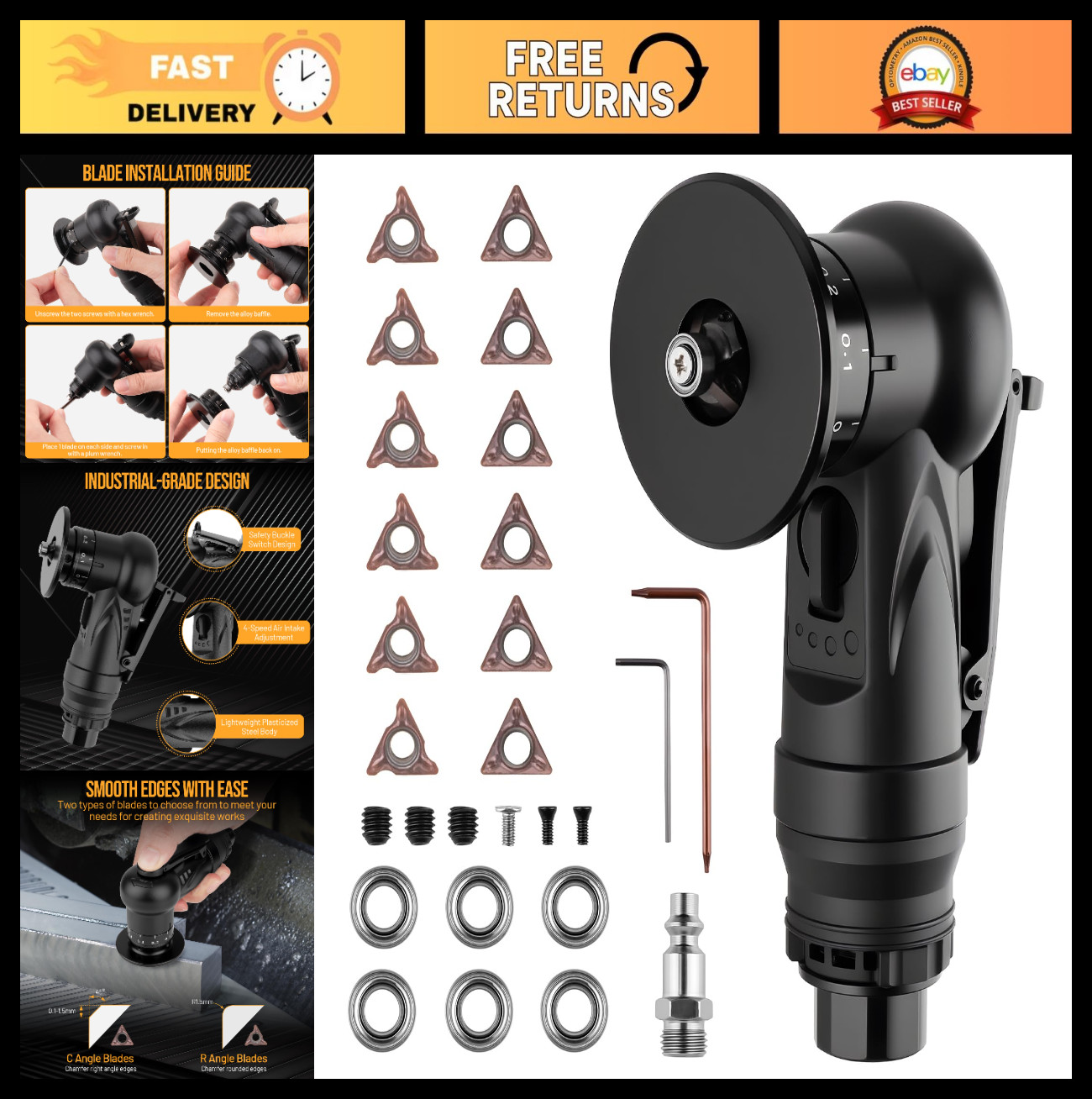 Pneumatic Chamfering Tool with 6 C-Angle & 6 R-Angle Blades for Metal/Wood