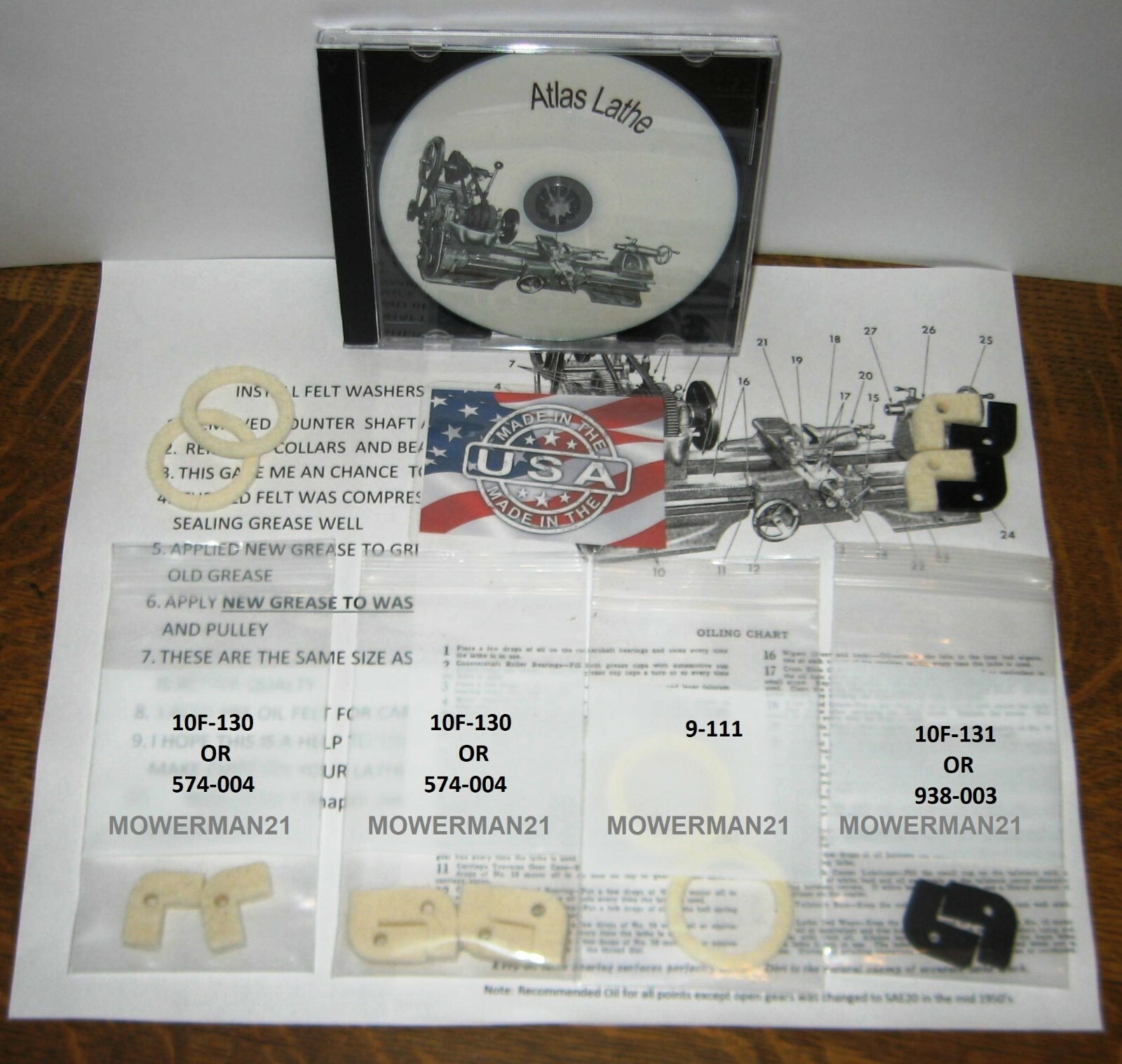 Atlas 10 Lathe 2 sets Felt,Wipers & Washers 9-111-10F130&10F-131 557-047 &Disc