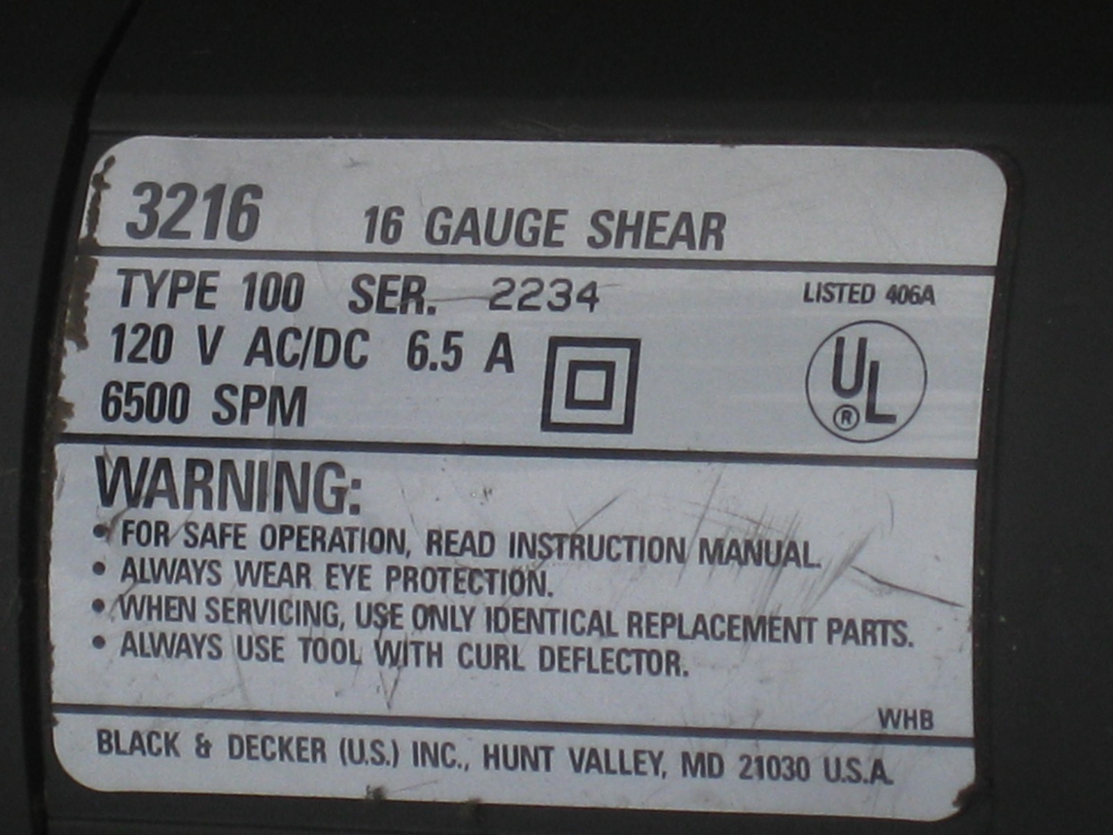 Black & Decker Heavy Duty 3216 Electric Sheet Metal Shear, 16 Ga, Ex Cond