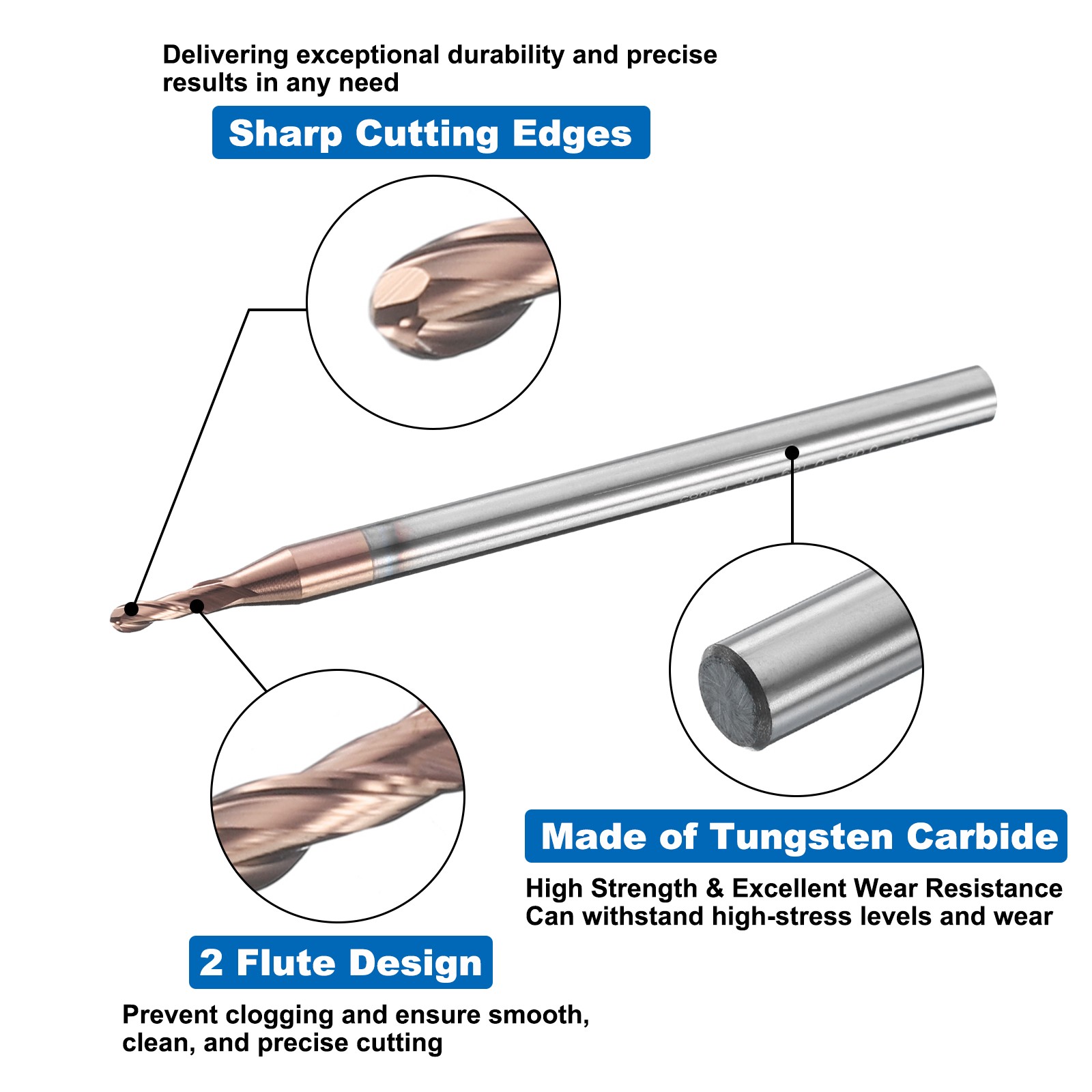 2 Flute Ball Nose End Mill 0.189″ Cutting Length Uncoated for Carving Engraving