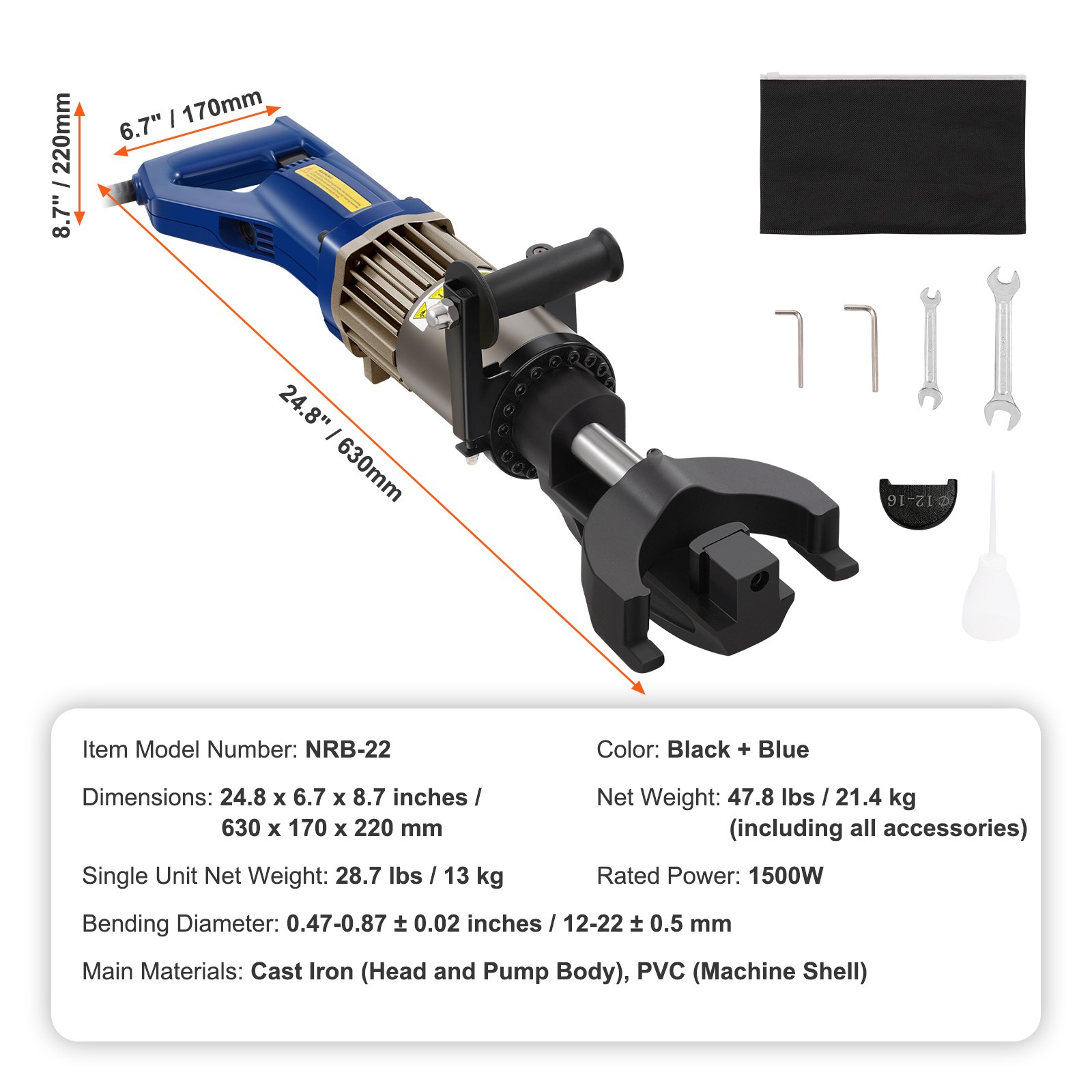 7/8″ Electric Rebar Bender 22mm Portable Hydraulic Rebar Bending for #2 to #7