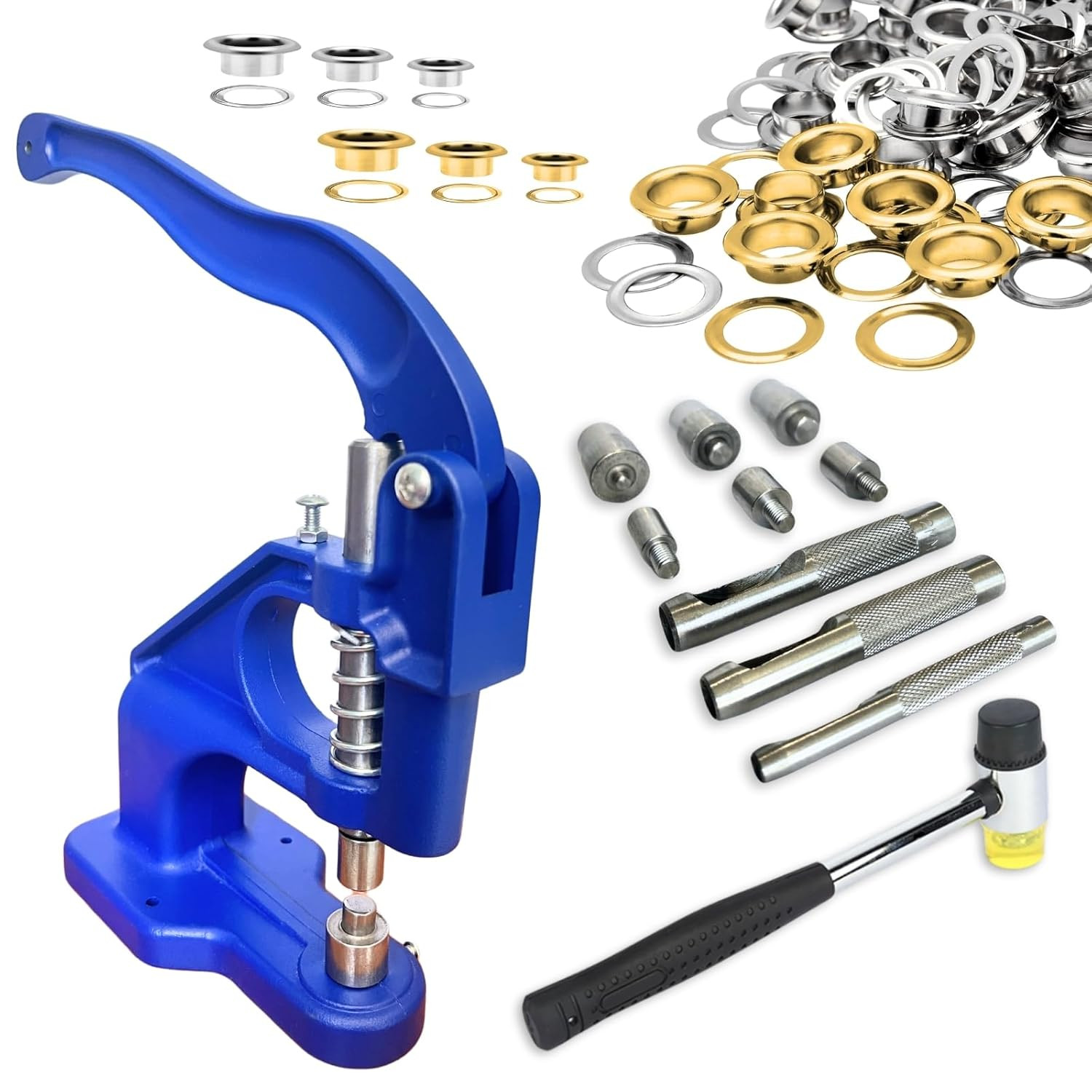 Heavy Duty Hand Press Grommet Tool Kit with 3 Dies & Multi-Size Grommets (1/4, 3