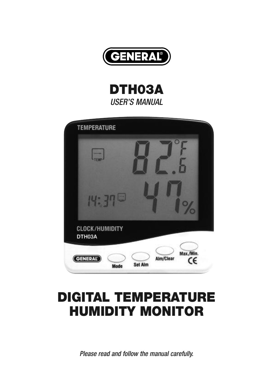 General Jumbo Display Digital Temperature/Humidity Monitor Clock Alarm #DTH03A