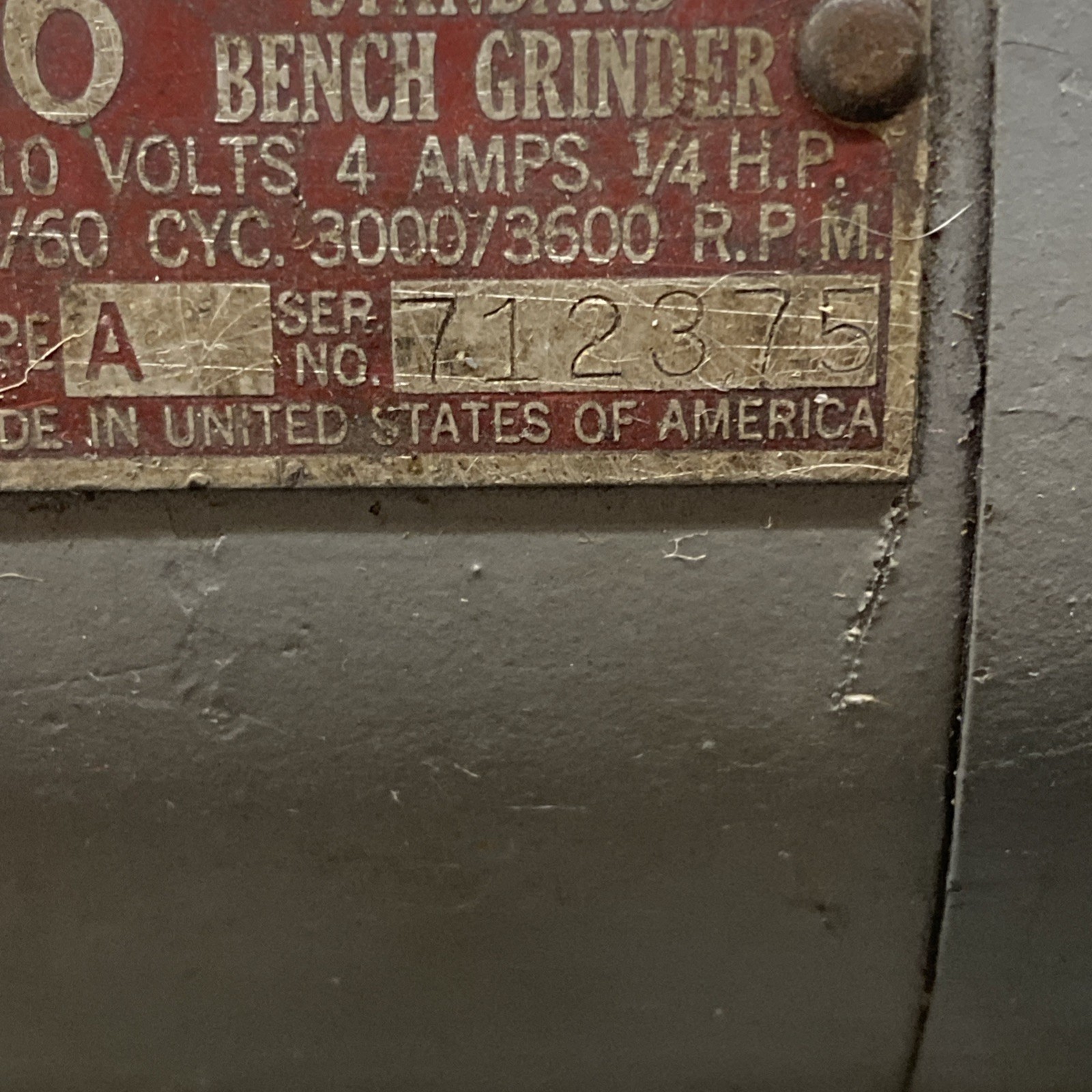 Bench Grinder Van Dorn 6″ Type A 1/4 HP 3600RPM 4.0 AMPS Working Mounting Bolt