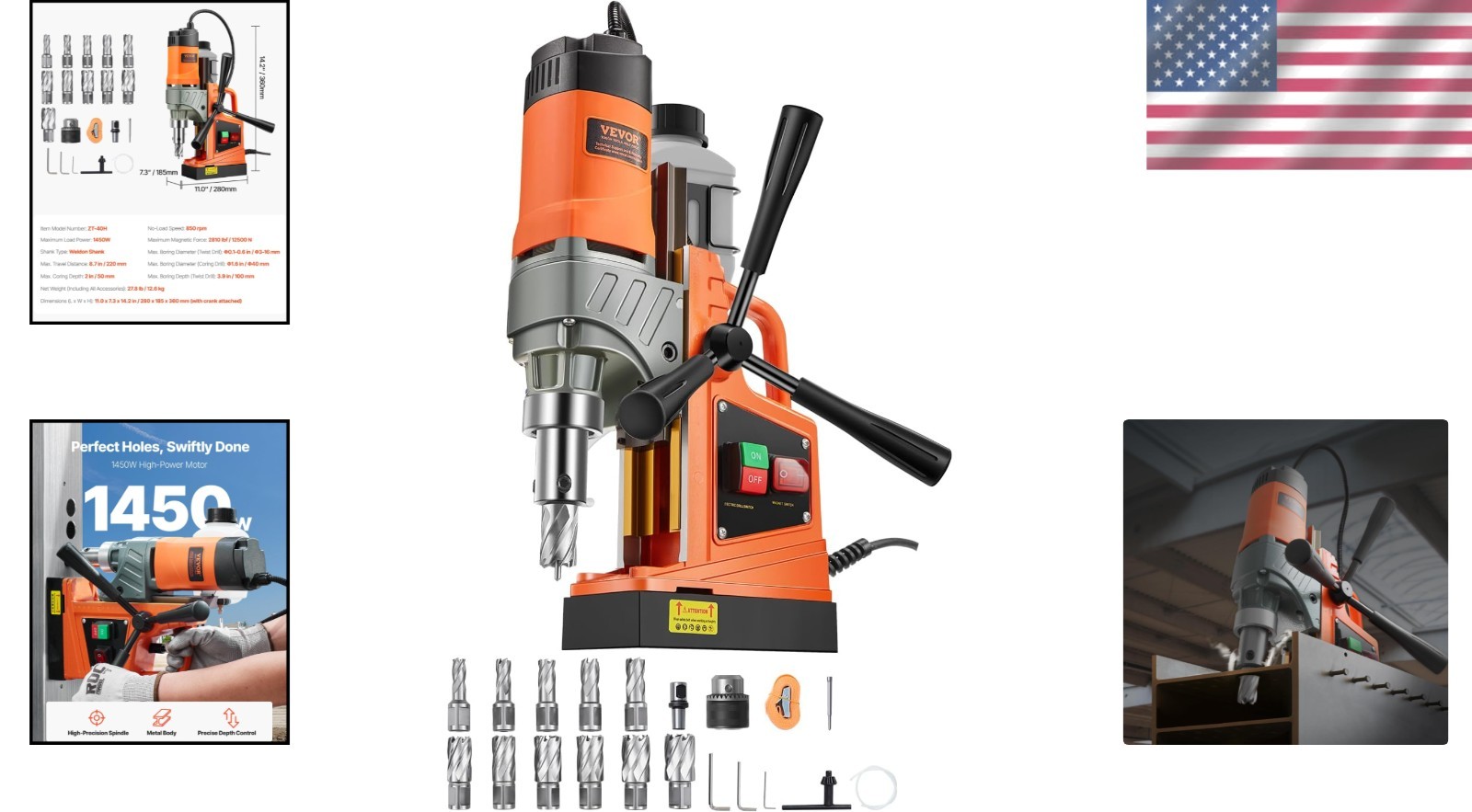 Portable Mag Drill Press 1300W, 1.57” Diameter with 2922lbf Magnetic Power