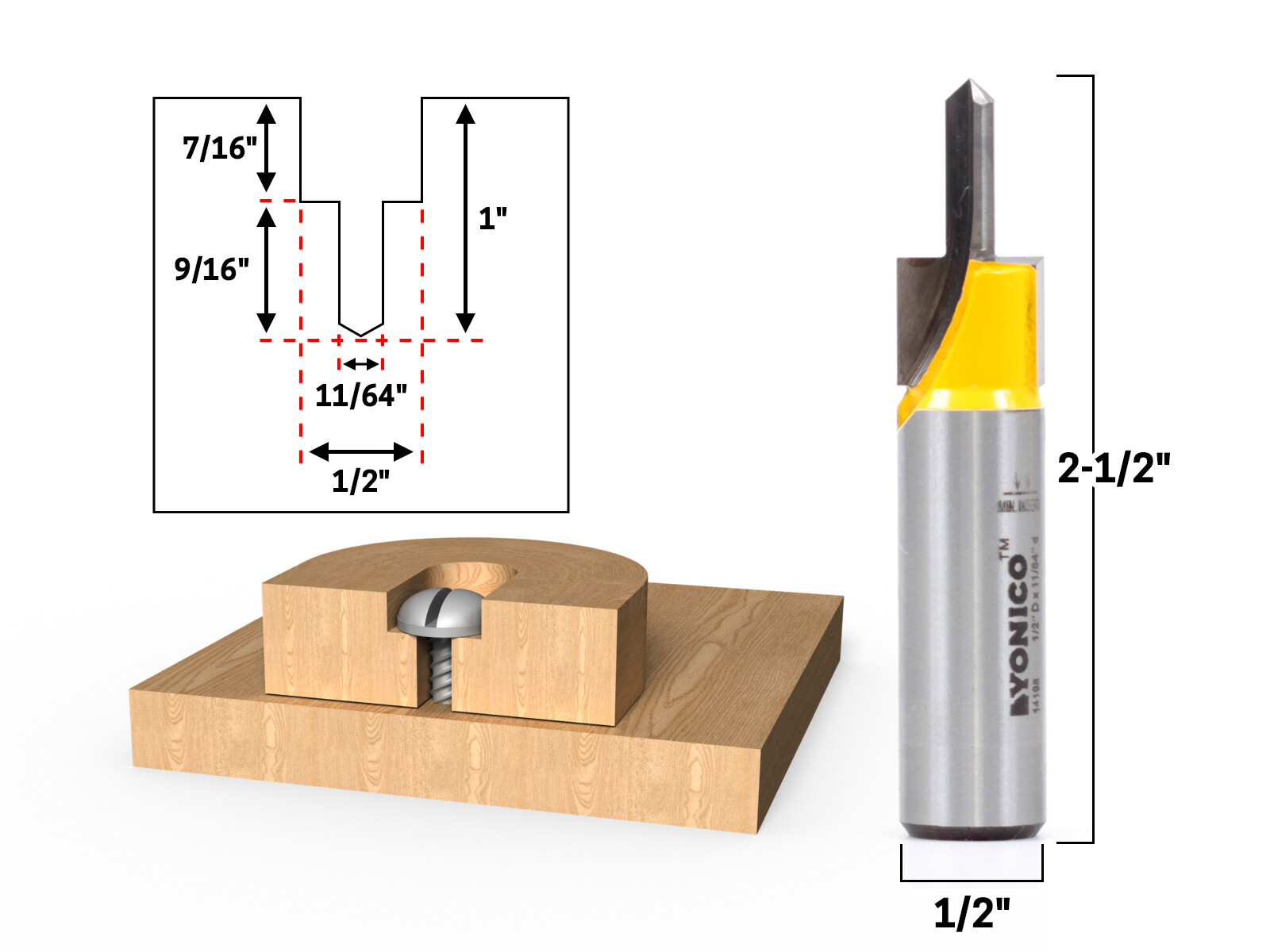 Counter Bore & Screw Slot Router Bit – 1/2″ Shank – Yonico 14198