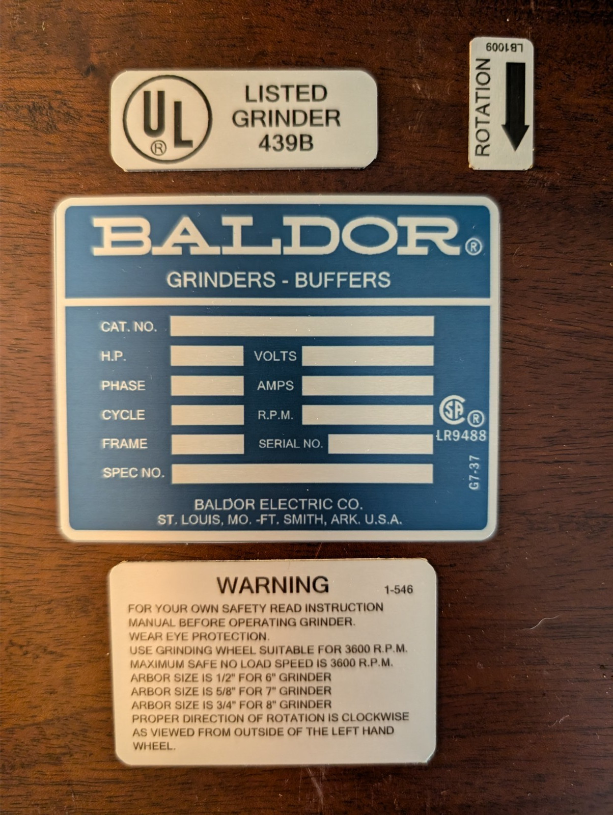 Replacement Bench Grinder Label Set Blue 6″, 7″ & 8″ | Baldor | Sublimated | USA
