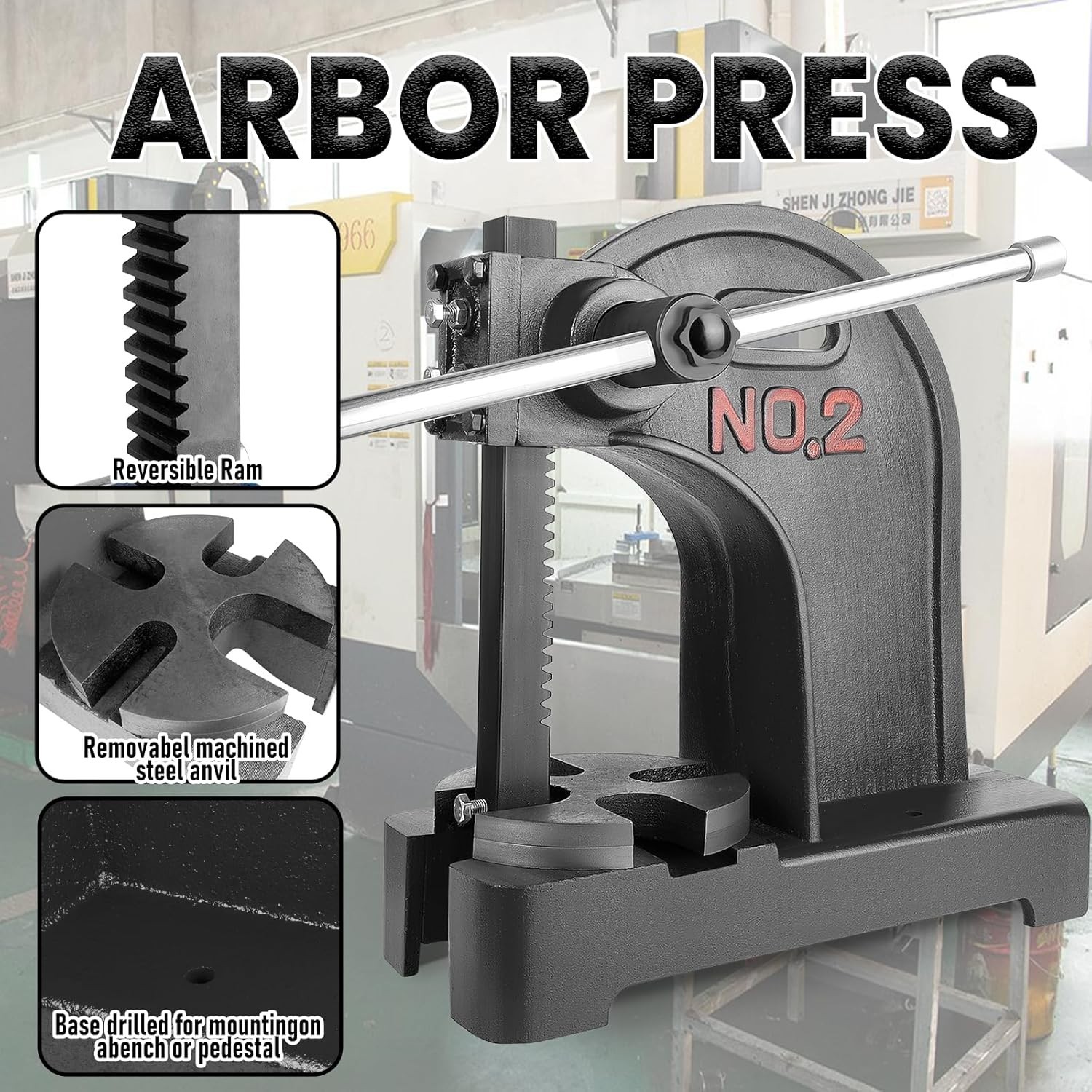 Arbor Press 2 T Lever Bench Mountable Bearings Cast Iron Manual Desktop Bending
