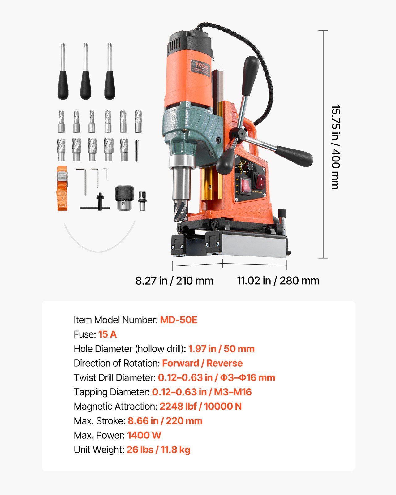 VEVOR Magnetic Drill Press Mag Drill Press 1400 W 0-750 RPM with 11 Core Bits