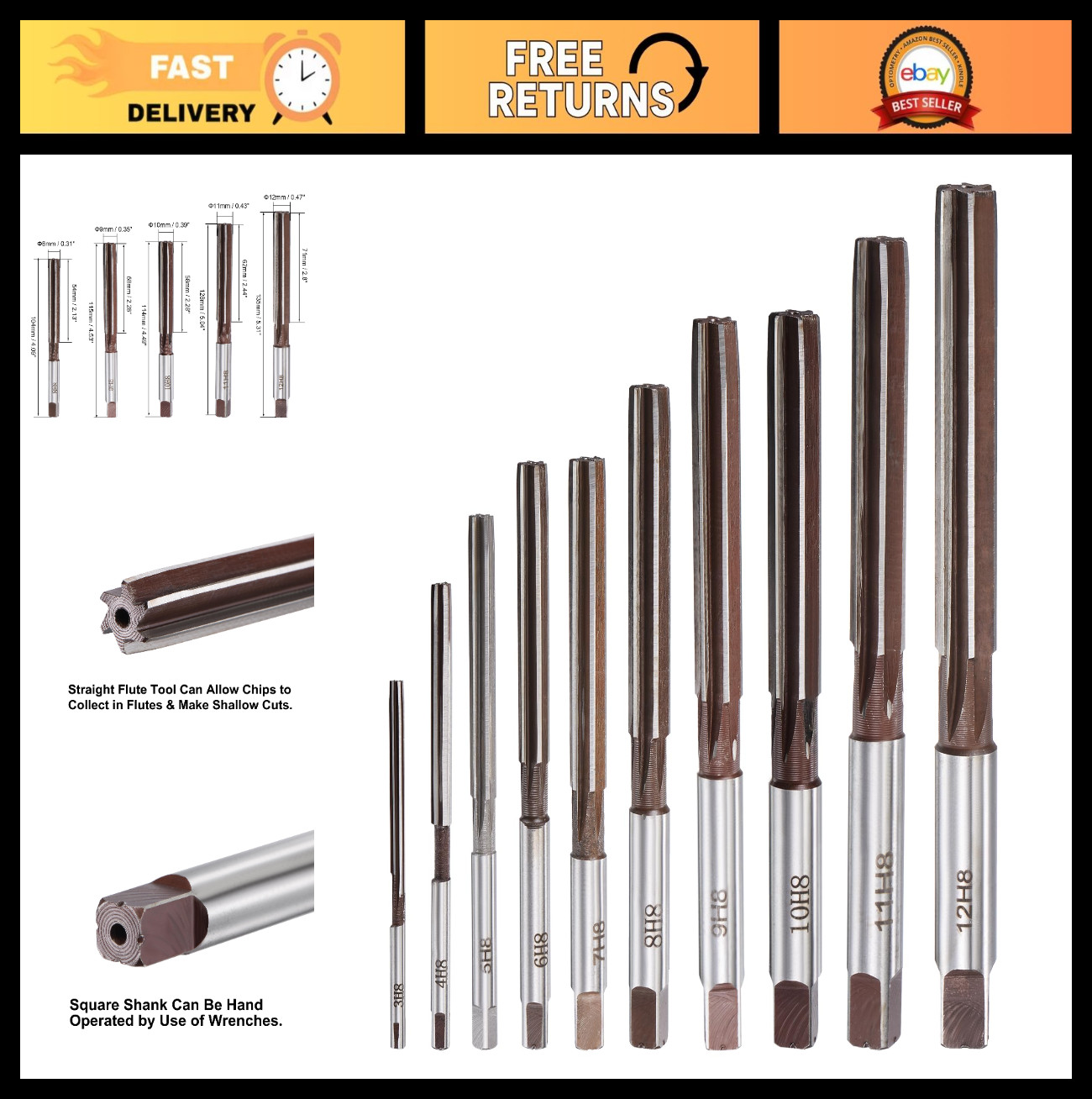 10-Piece Hand Reamer Set – H8 Accuracy, Alloy Tool Steel, 6 Flutes, Straight Sha