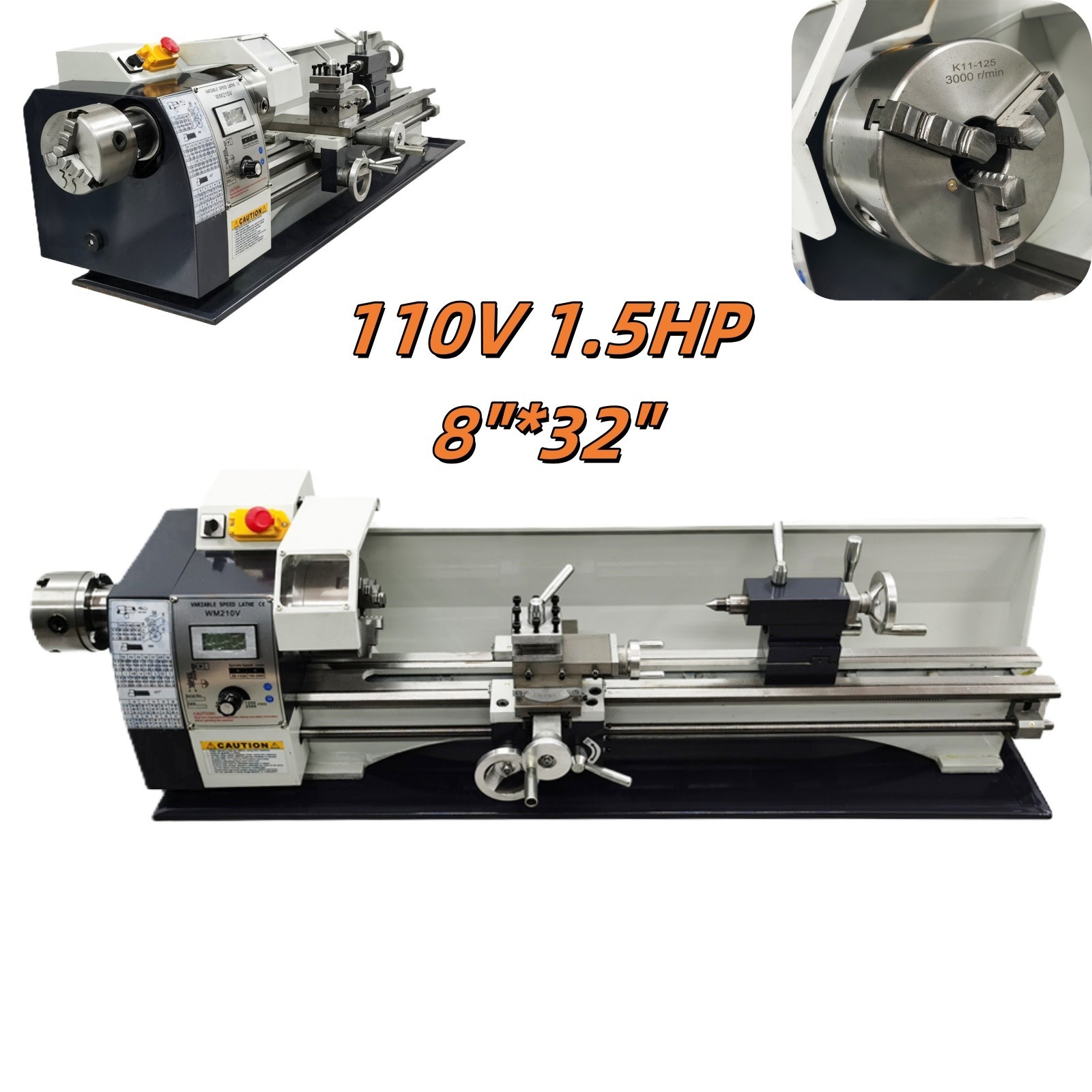 110V Variable Speed Lathe 1100W WM210V Double Chuck Metal Lathe 8″*32″