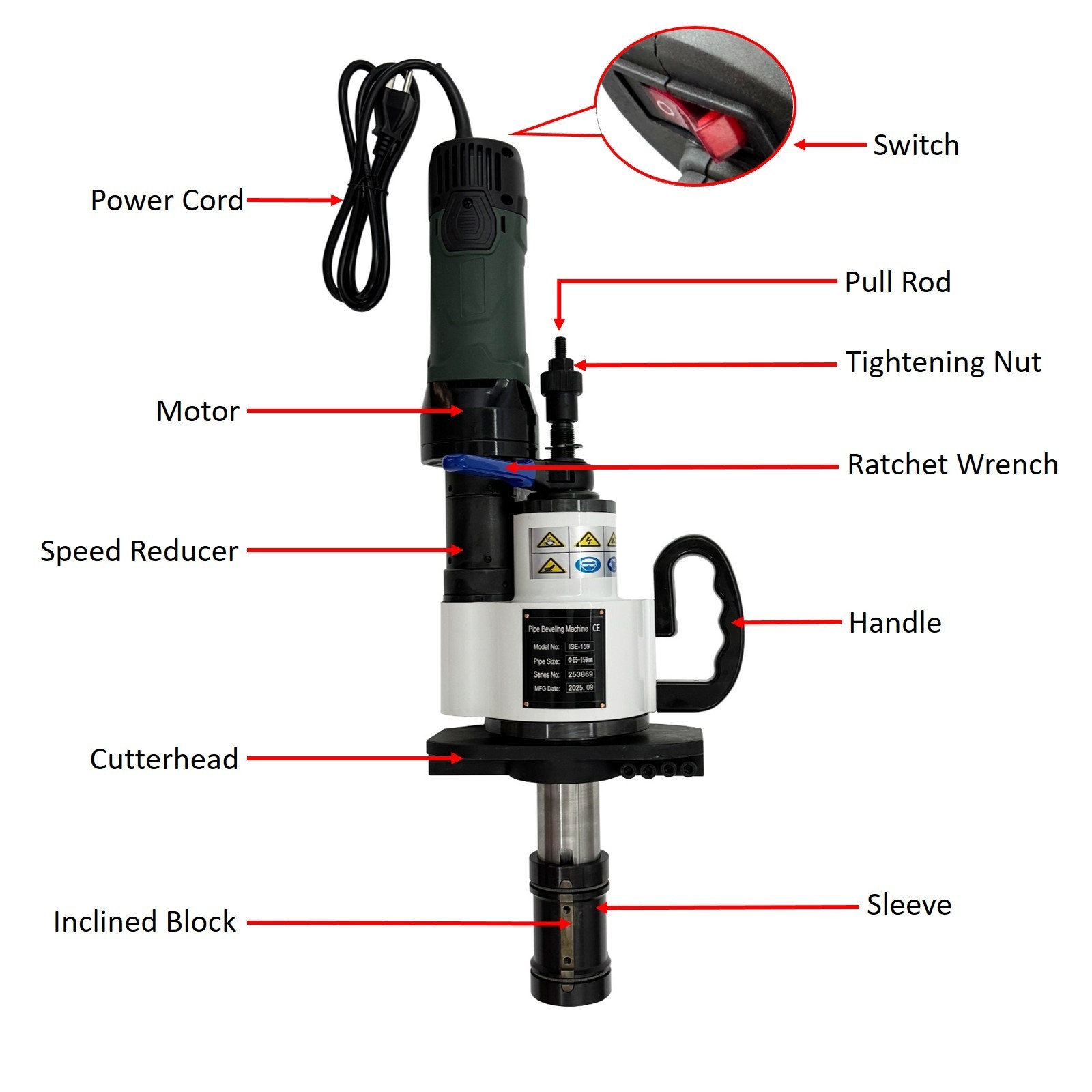 Portable Internal Pipe Beveling Machine (ISE-159, 65-159mm, 220V, 1500W/ 2.0HP)
