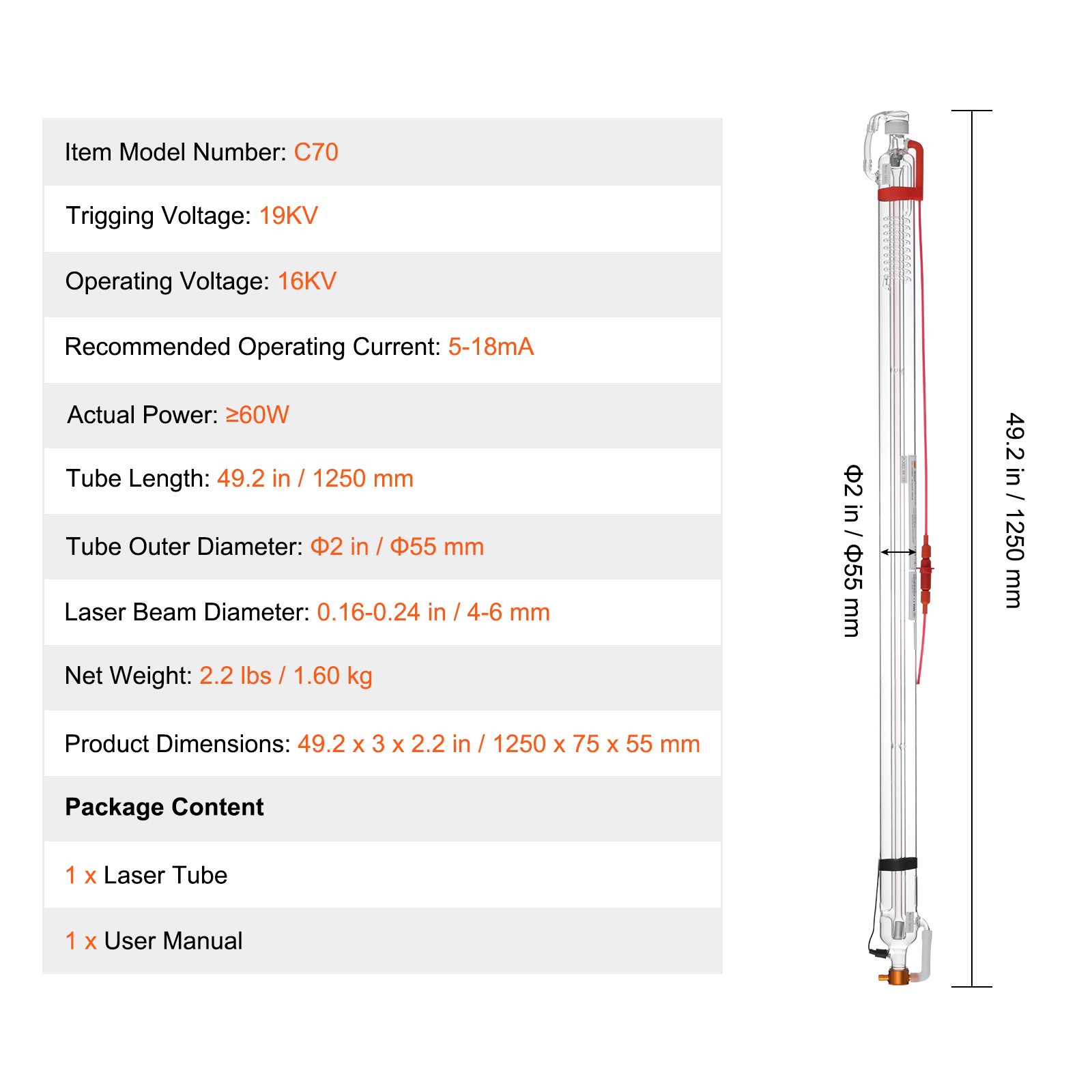 Uimoso 60W CO2 Laser Tube 49.2 in / 1250 mm Borosilicate Glass Cutter Tube
