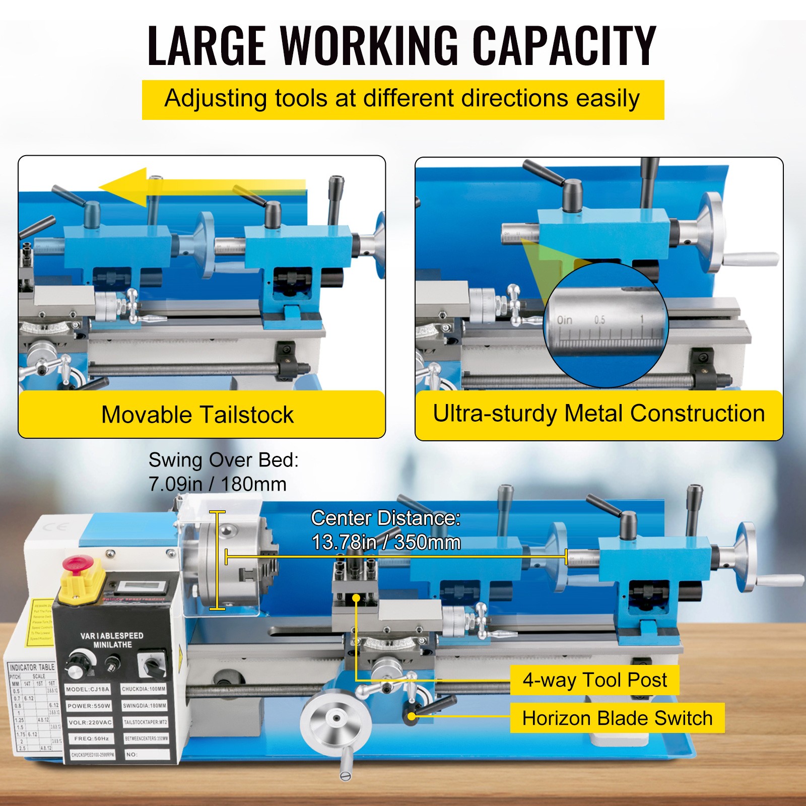 VEVOR 7″X14″ Mini Precision Wood Lathe 550W Metal Bench Lathe Turning Machine