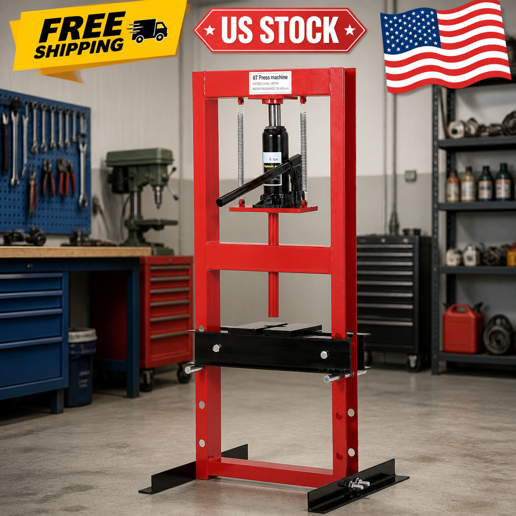 Hydraulic Press T Shop Press, Heavy Duty H Frame Garage Adjustable Red 6