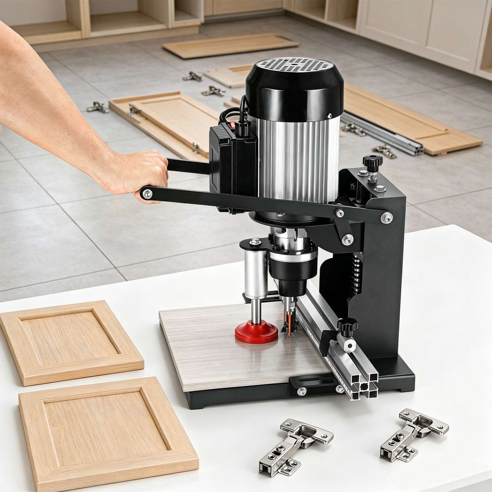 1100W Manual Hinge Drilling Machine Woodworking Boring Includes Two Drill Bits