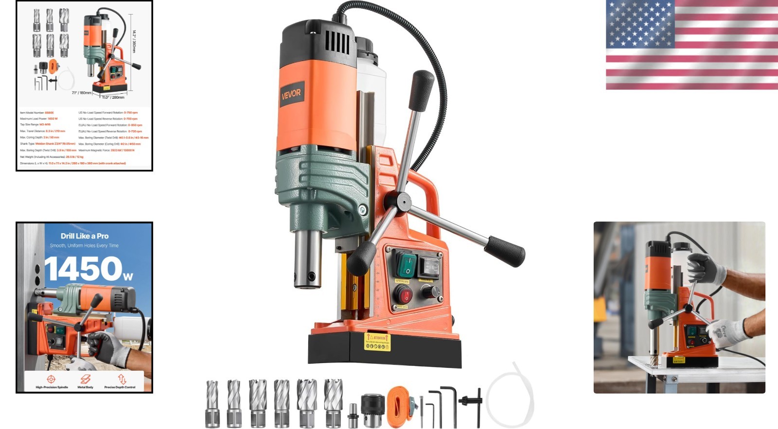 2922 lbf Magnetic Drill – Variable Speed 2″ Core Drilling Machine with 6 Cutters