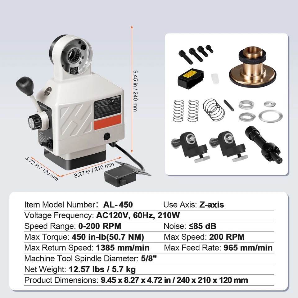 Z-Axis Power Feed Table Mill for Milling Machine 450 in-lb Torque 0-200RPM
