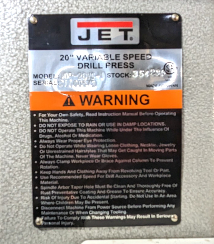 Jet Drill Press JDP-20-VS-1 FWD/REV 3MT 115 & 230V 354230 Scratch &