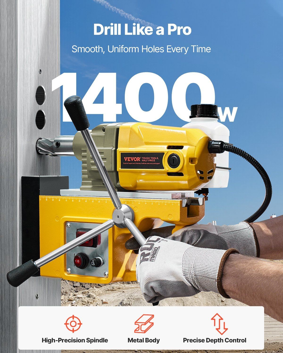 1.6in Bore 1400W 2810lbf Portable Mag Drill Press 800RPM 11 Bits