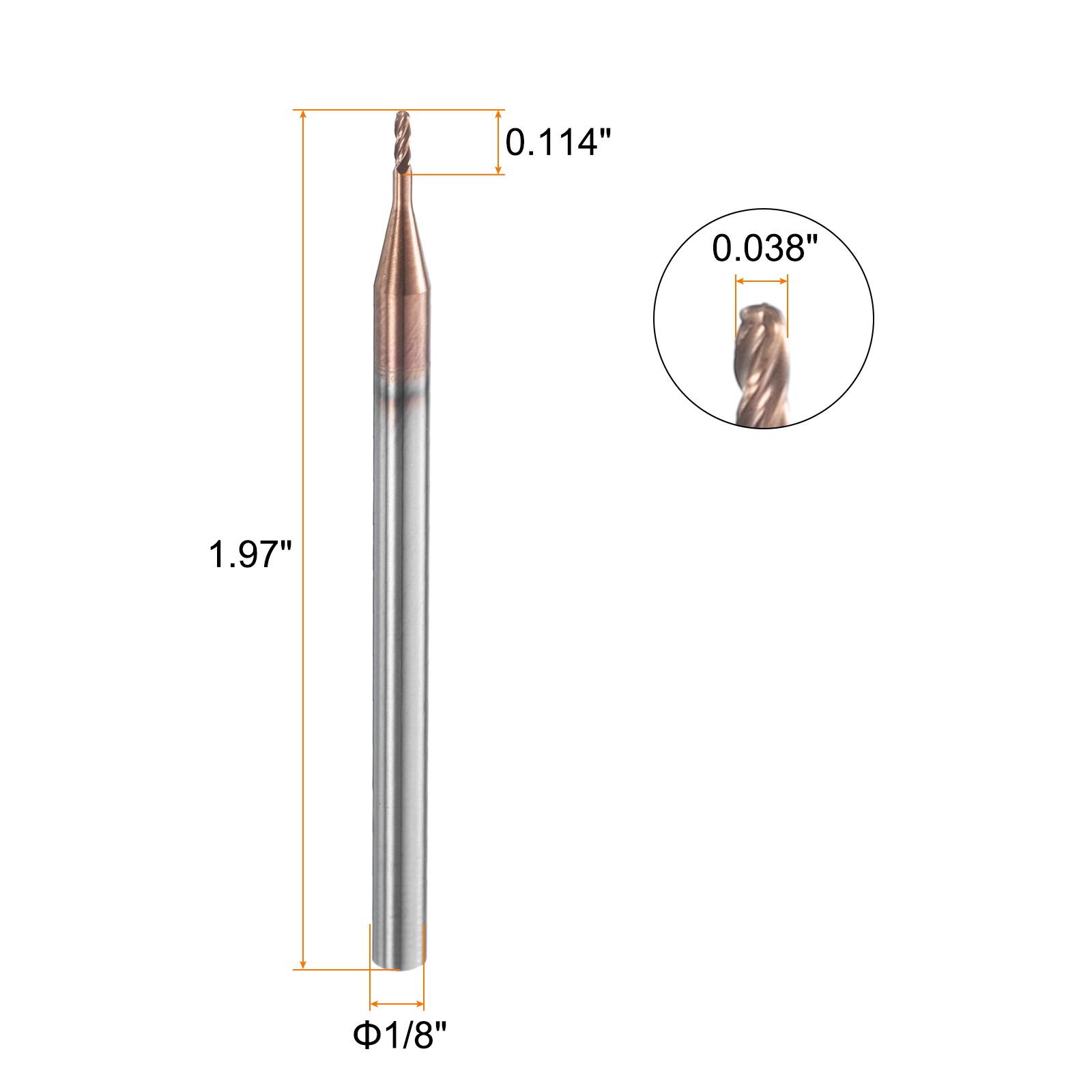 4 Flute Ball Nose End Mill 0.114″ Cutting Length Uncoated for Carving Engraving