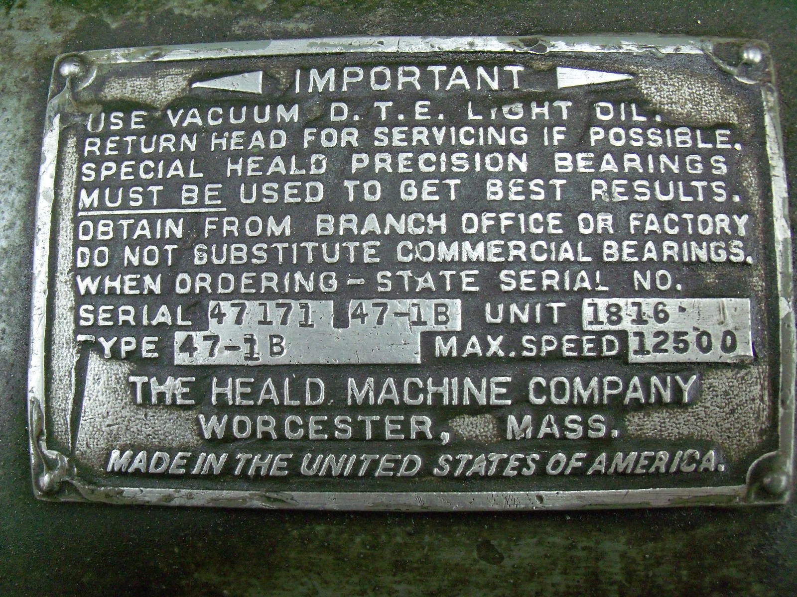Heald Machine Co. Type 47-1B Red Head Grinder Spindle Head, Max Speed 12500