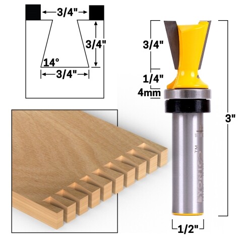 14° X 3/4″ Template & Jig Dovetail Router Bit – 1/2″ Shank – Yonico 14116t