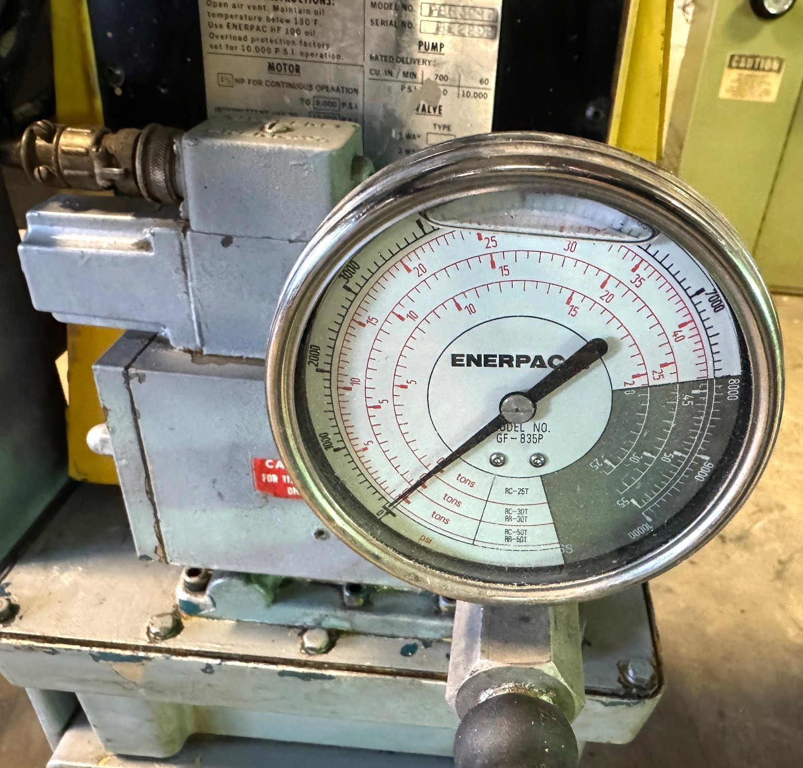 50 Ton Enerpac H-Frame Hydraulic Press, 28″ B.H., Adj. Bed, 1.5 HP, 1 Phase