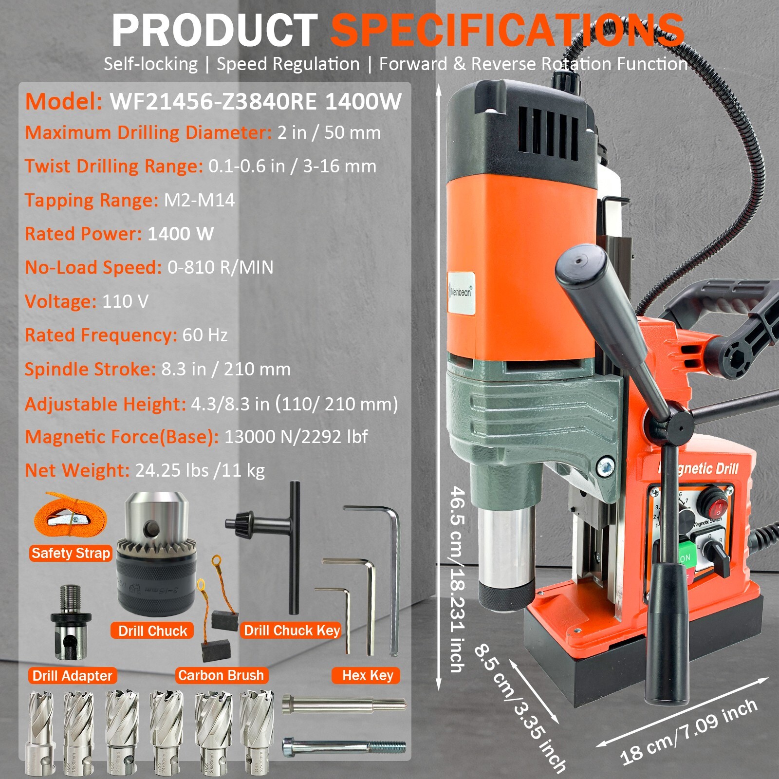 Magnetic Drill Press 2″ Drilling 6HSS Bits 1400W 13000N Mag Drill Press 810RPM