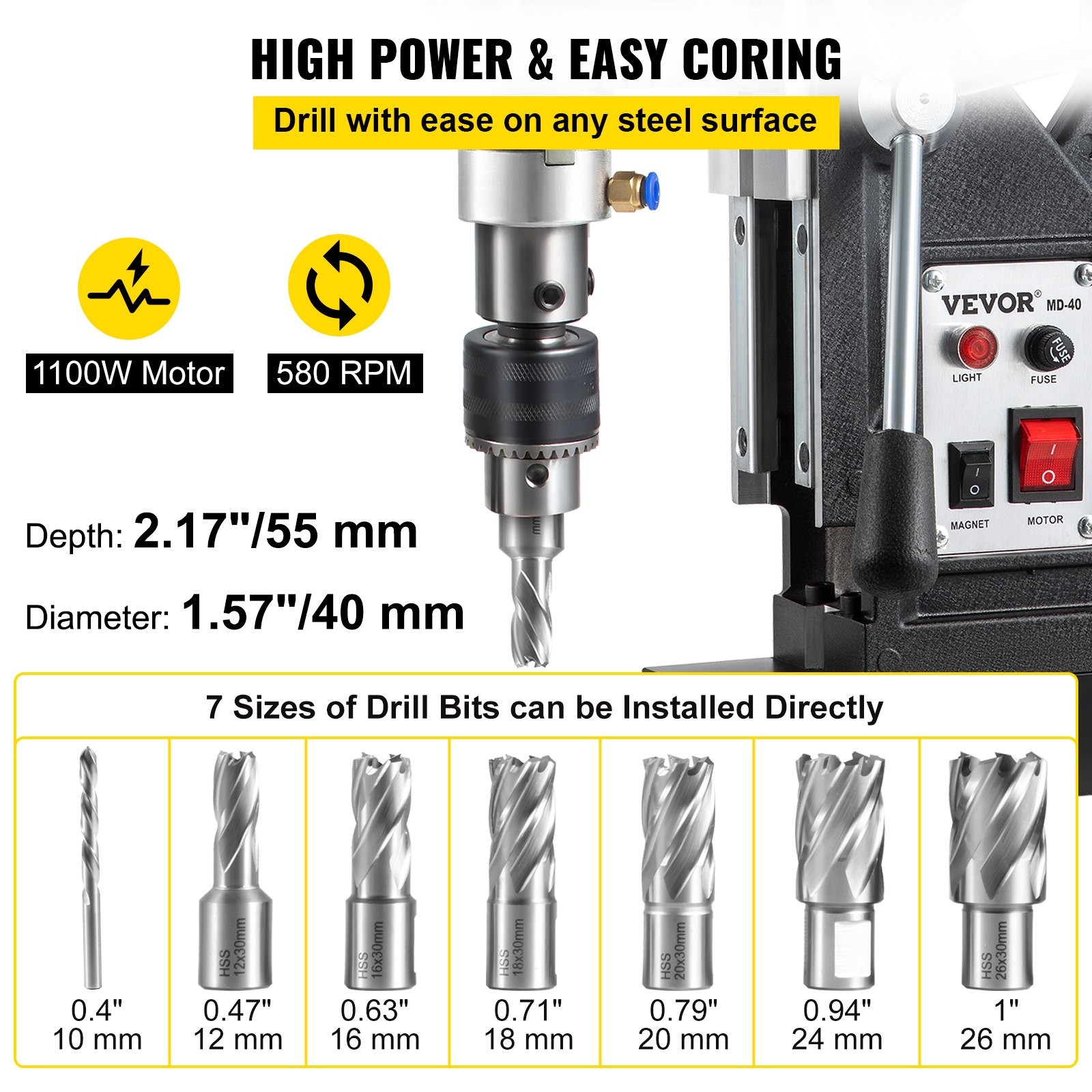 Magnetic Drill, 1100W 1.57′ Boring Diameter, 2697lbf/12000N Portable Electric