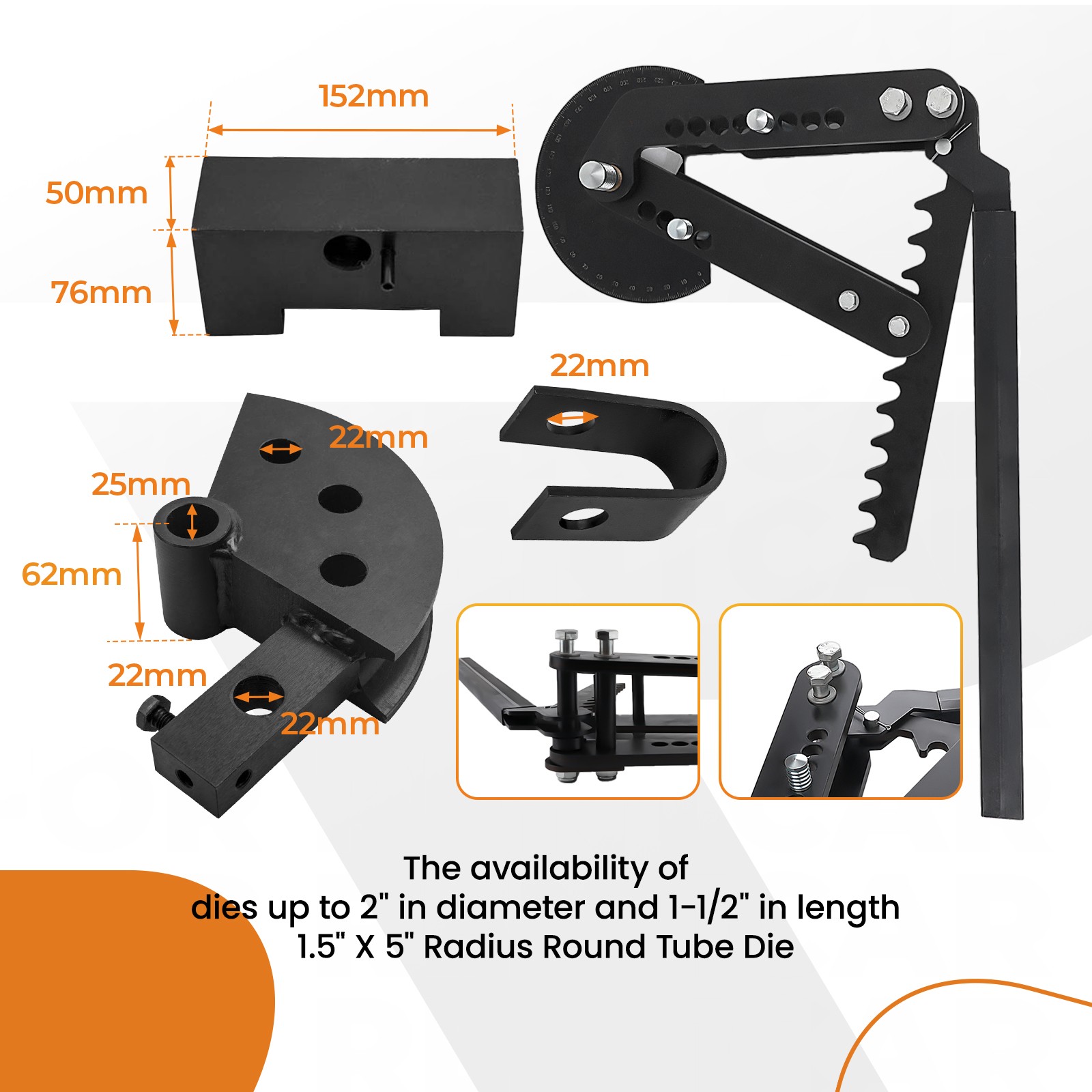 Ratcheting Manual Pipe and Tubing Bender & 1-5/8″ X 5″ 120 Degree Tubing Die Kit