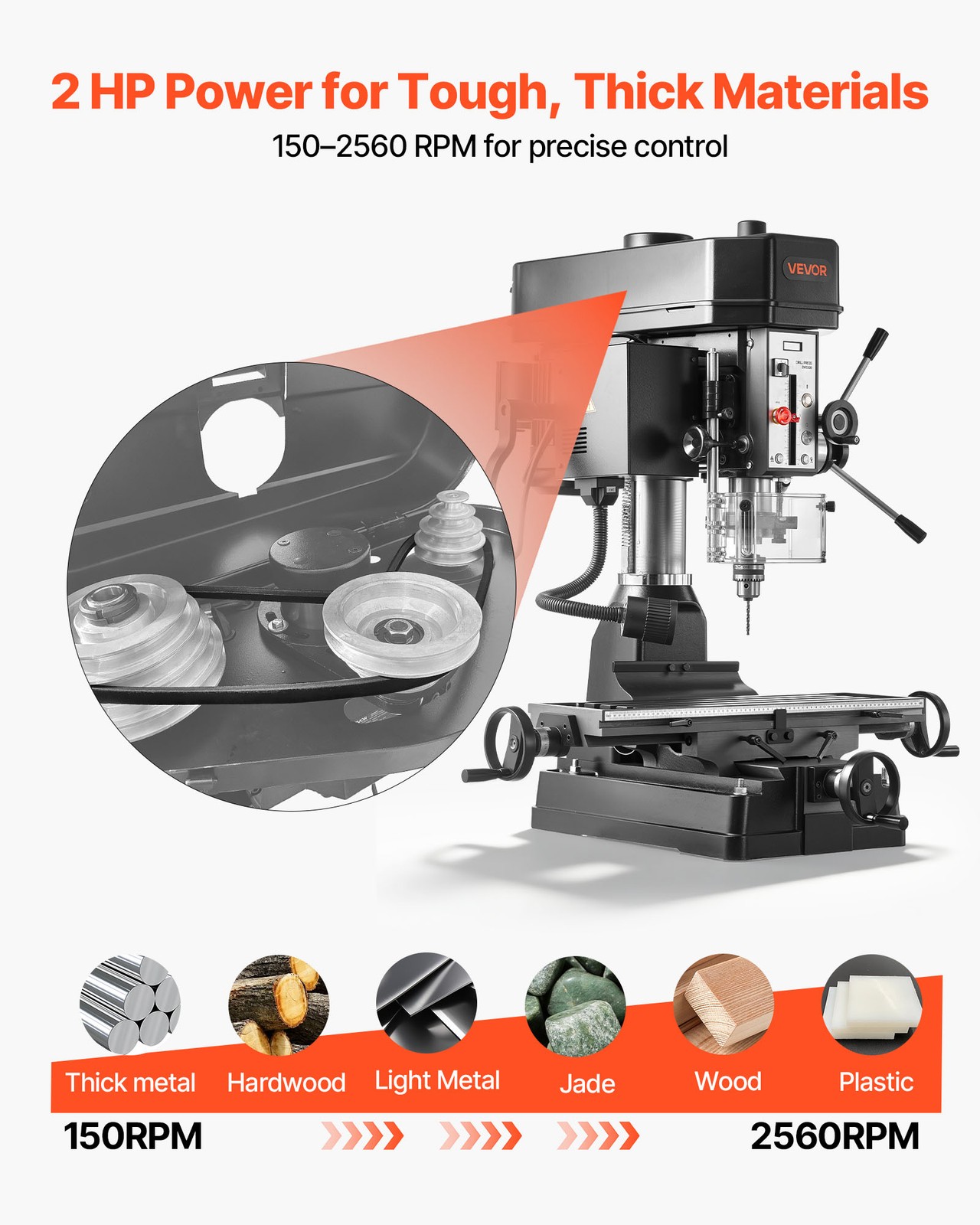 VEVOR 15.875 in Mill Drill Machine 2HP Benchtop Milling Drill Press 150-2560 RPM