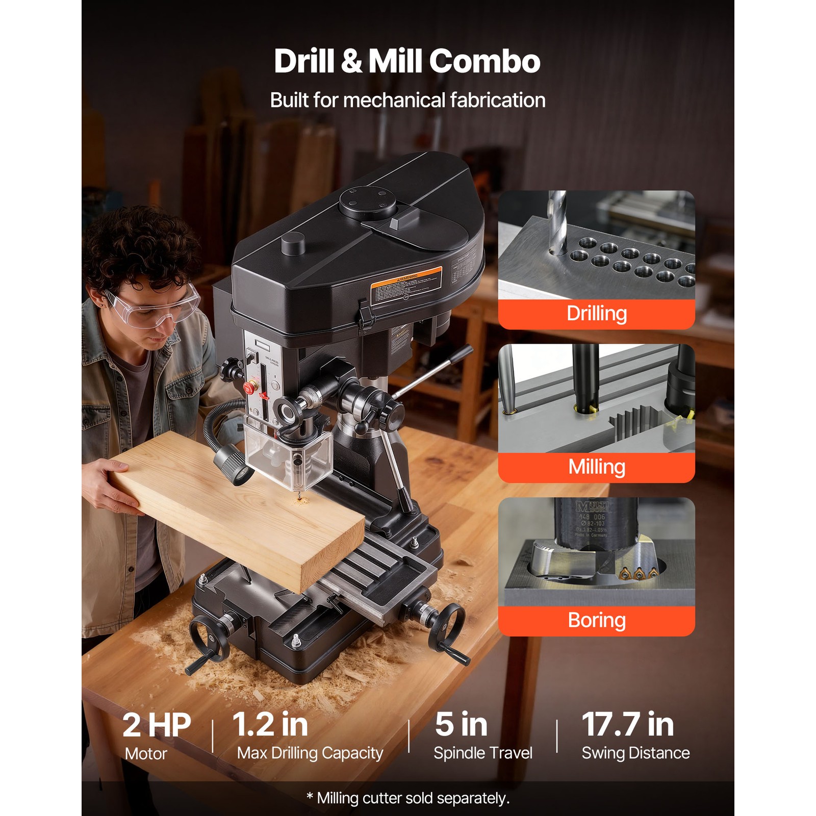 Uimoso 15.875 in Benchtop Mill Drill Machine, 2HP, 150-2560 RPM Milling Press