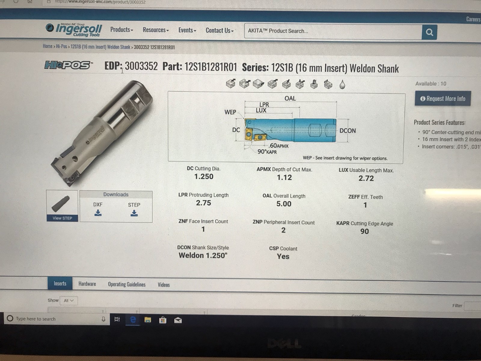 Ingersoll 90 Degree Center Cutting Endmill 12S1B1281R01 * NEW *