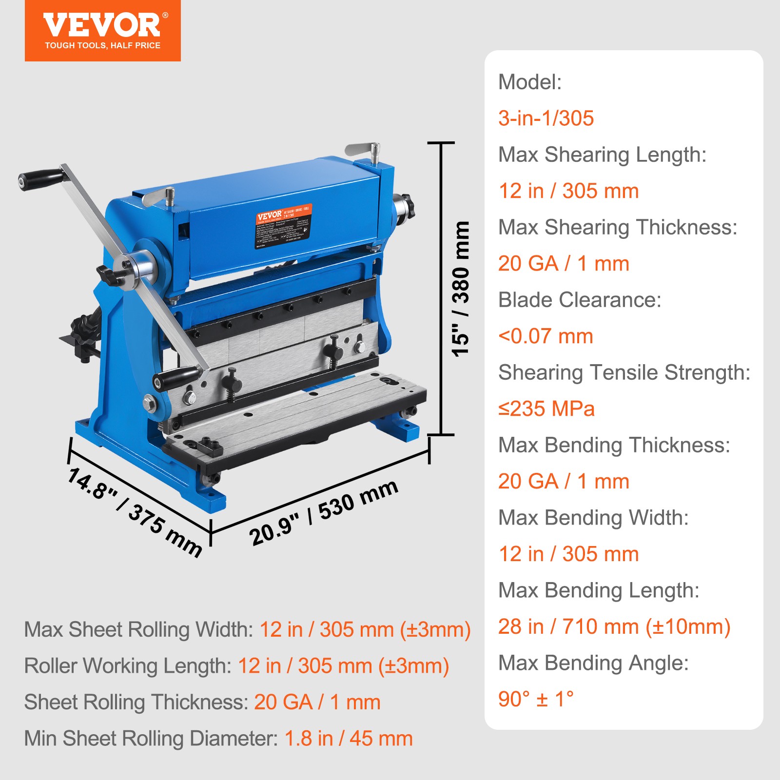VEVOR 12-In Sheet Metal Shear 3-In-1 Combination Shear Brake Roll Machine 20 GA