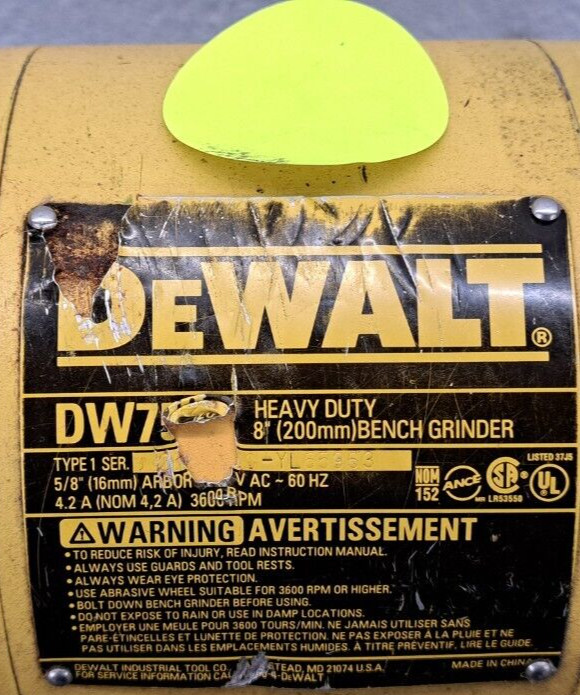 DEWALT BENCH GRINDER DW758 8″ BENCH 120 VAC 60HZ 4.2A 3600 RPM YL65963