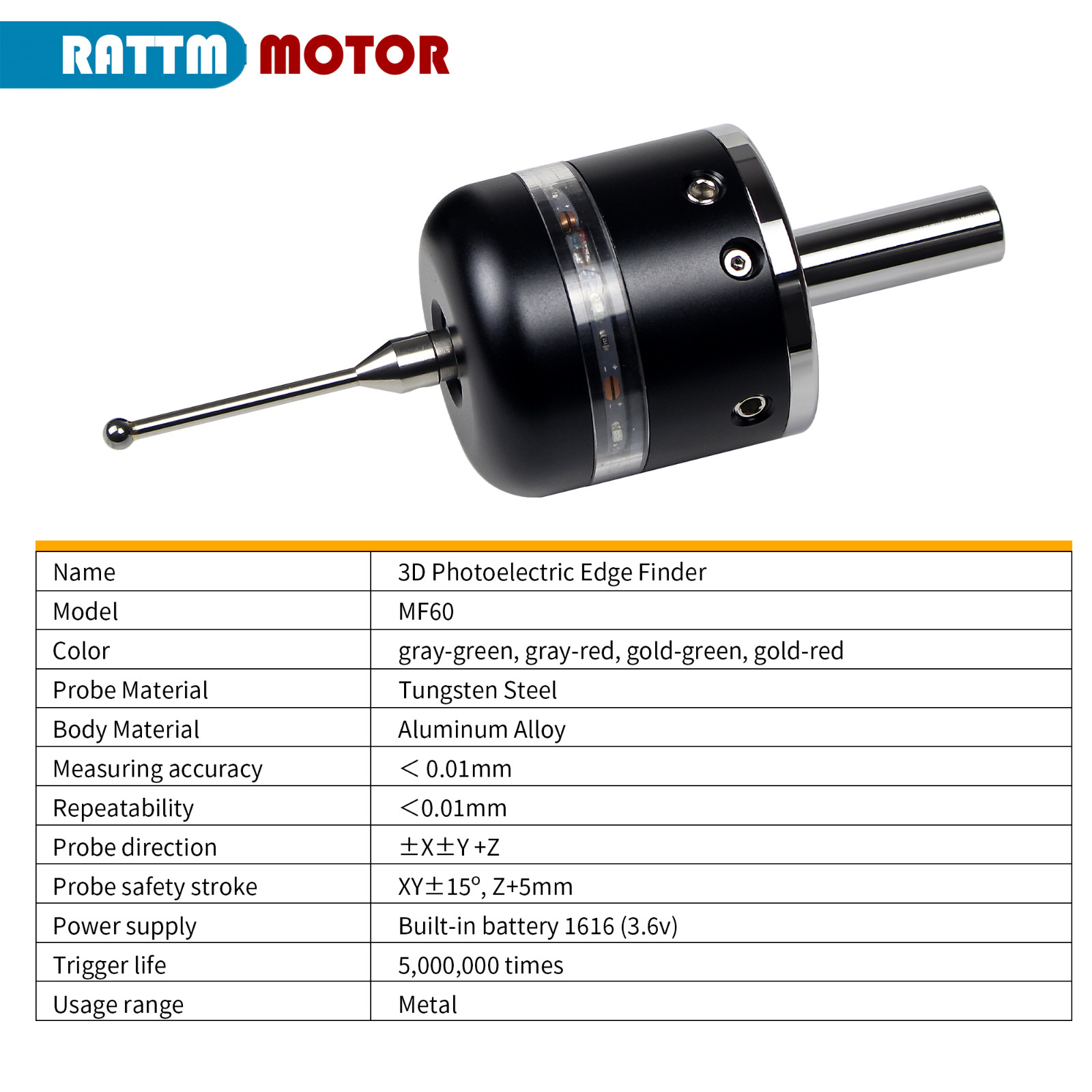 3D Photoelectric Edge Finder Milling Machine Touch Probe 0.01+Tungsten Steel tip