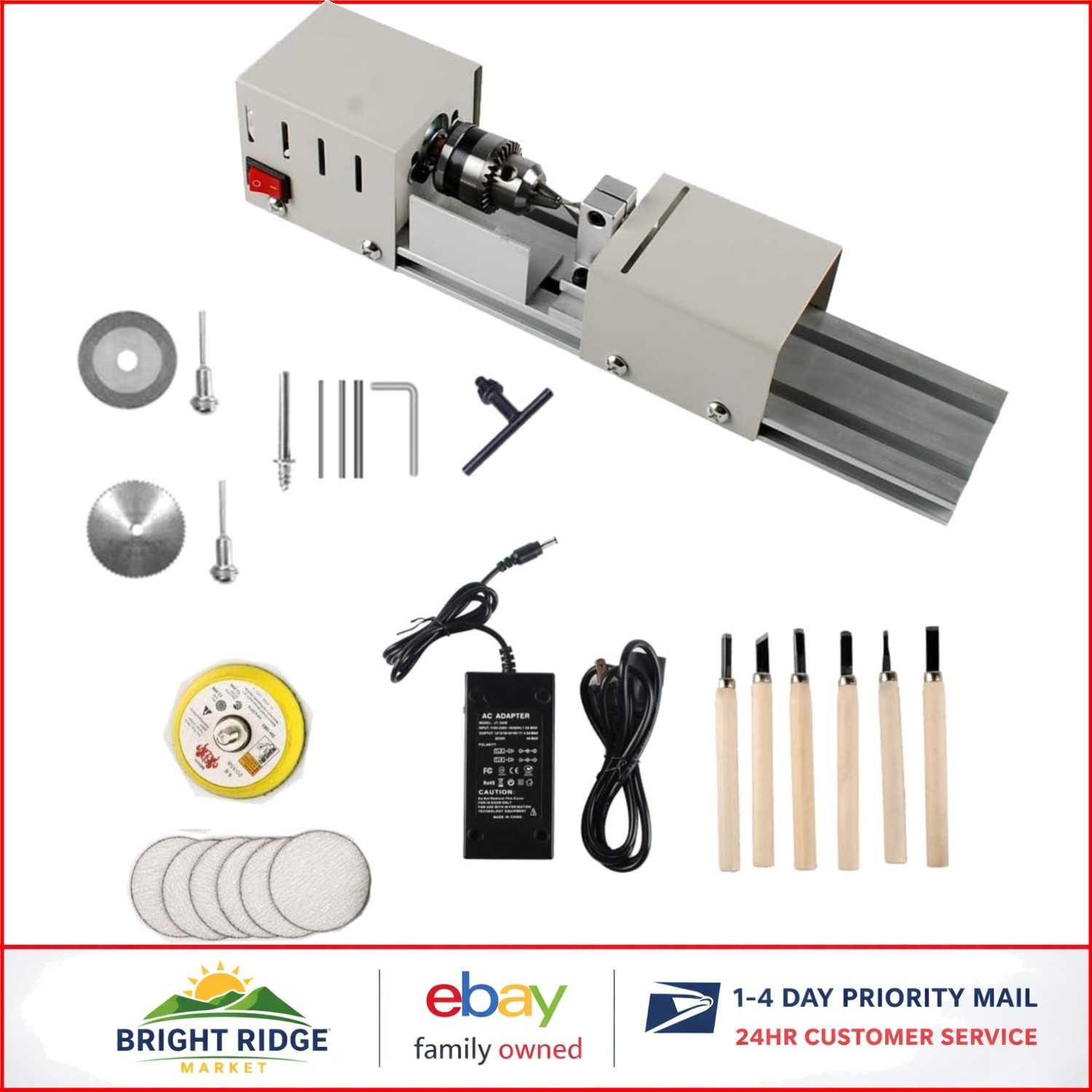 Mini Lathe Machine 12V-24VDC with Adjustable Speed for DIY Woodworking