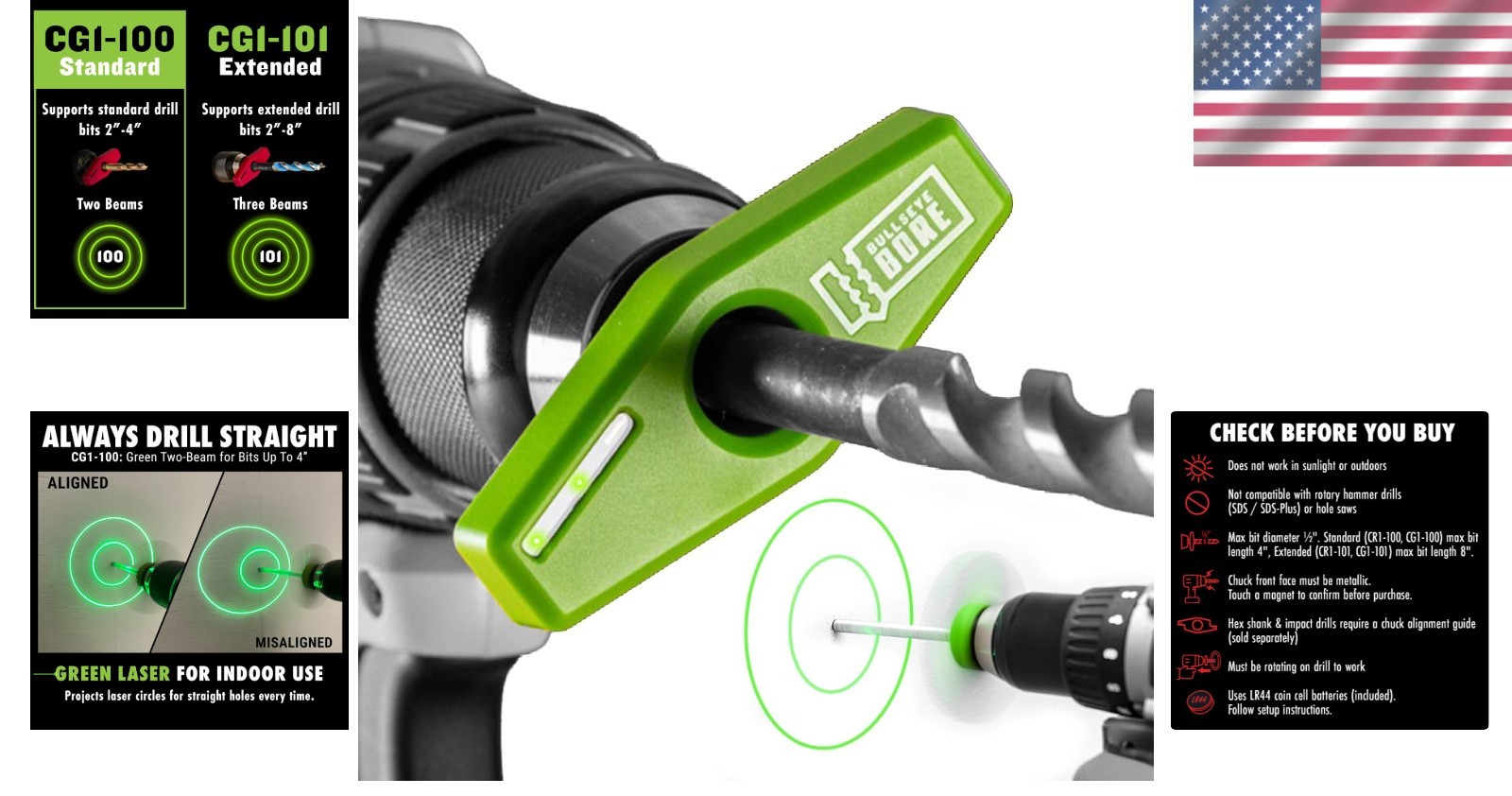 BullseyeBore Magnetic Laser Drill Guide – Drill Straight with High-Vis Green