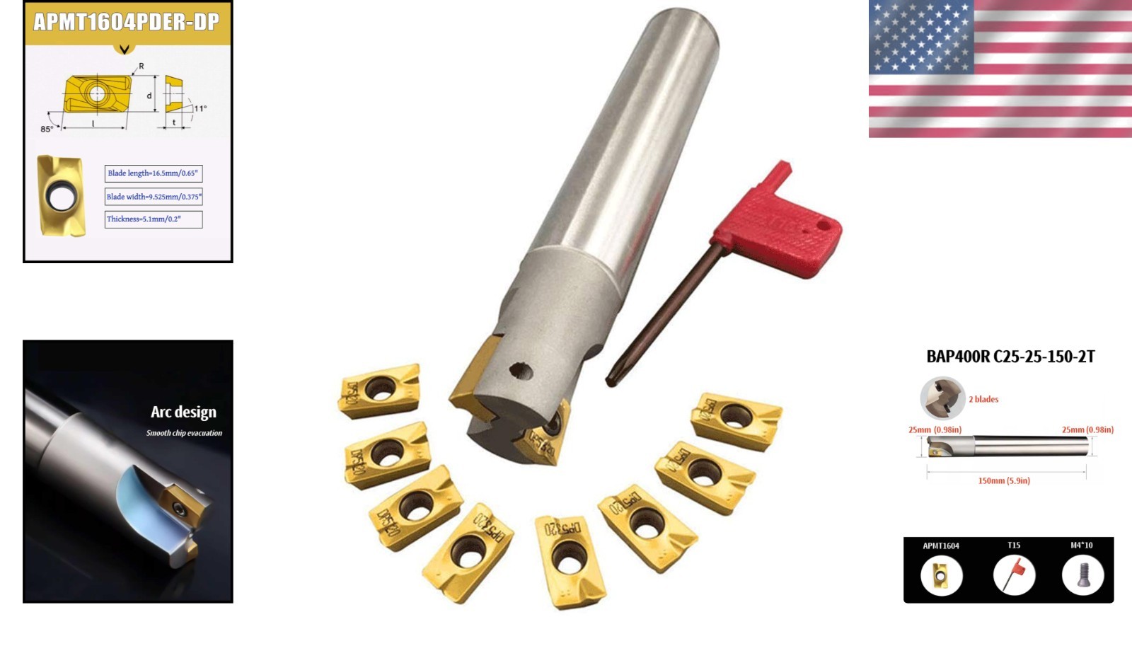 C25-25-150-2T Milling Rod Kit with 10 Titanium Coated Inserts for Steel Milling