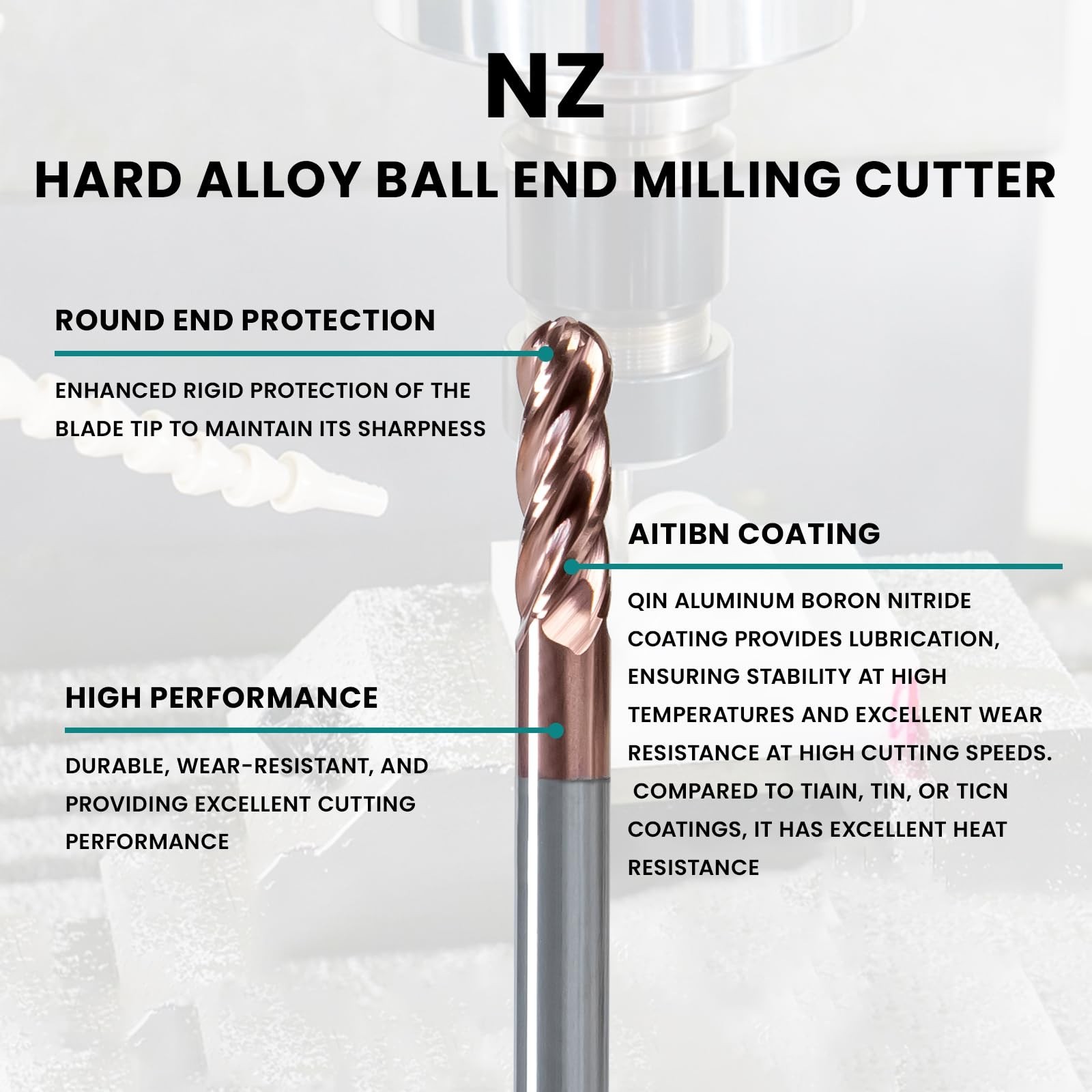 NZ 4 Flute 1/8″ Ball Nose End Mill with TiSiN Coating, Milling Cutter HRC55 f…