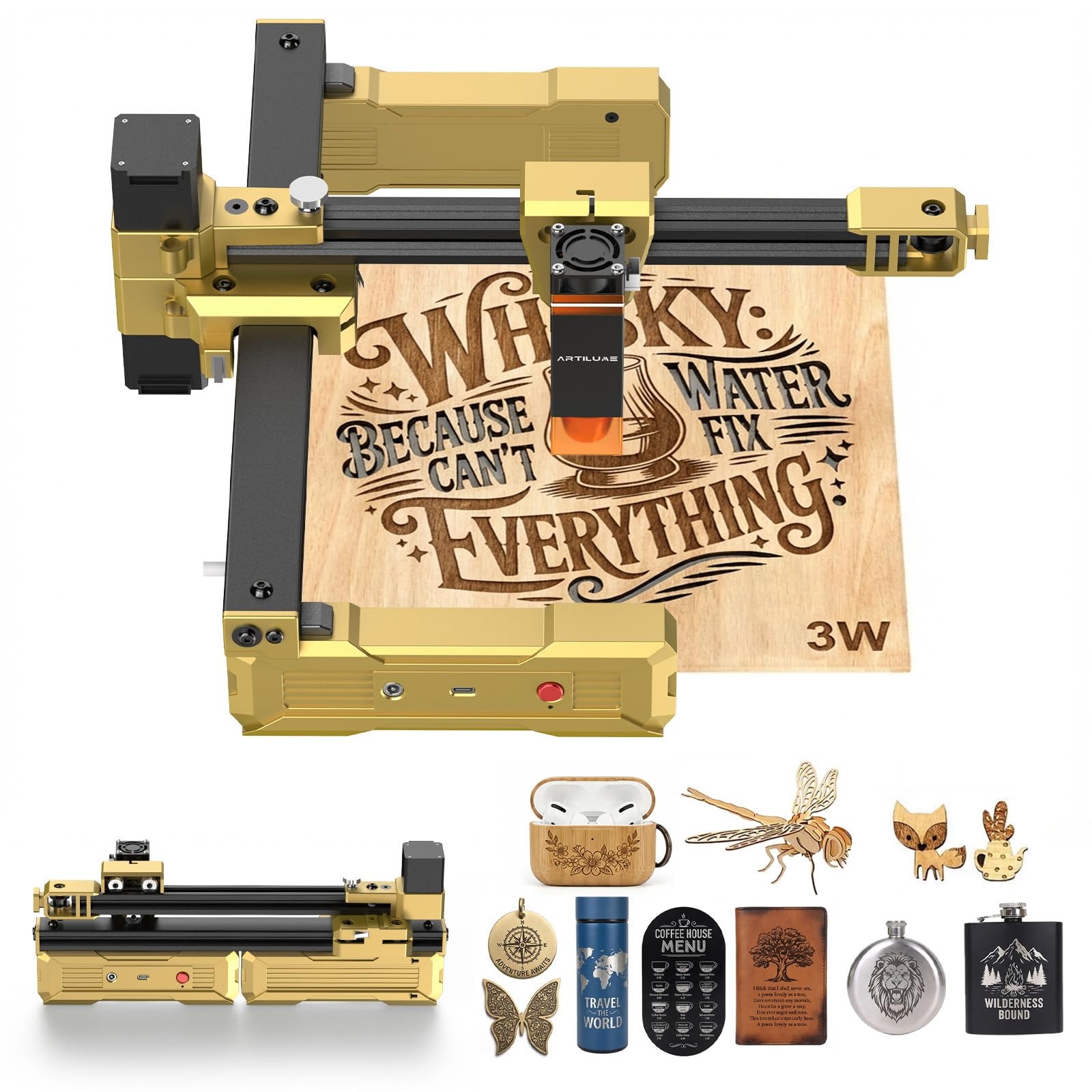 Artilume Laser Engraver Portable Cutter Foldable 3000mW, GOLD-BLACK