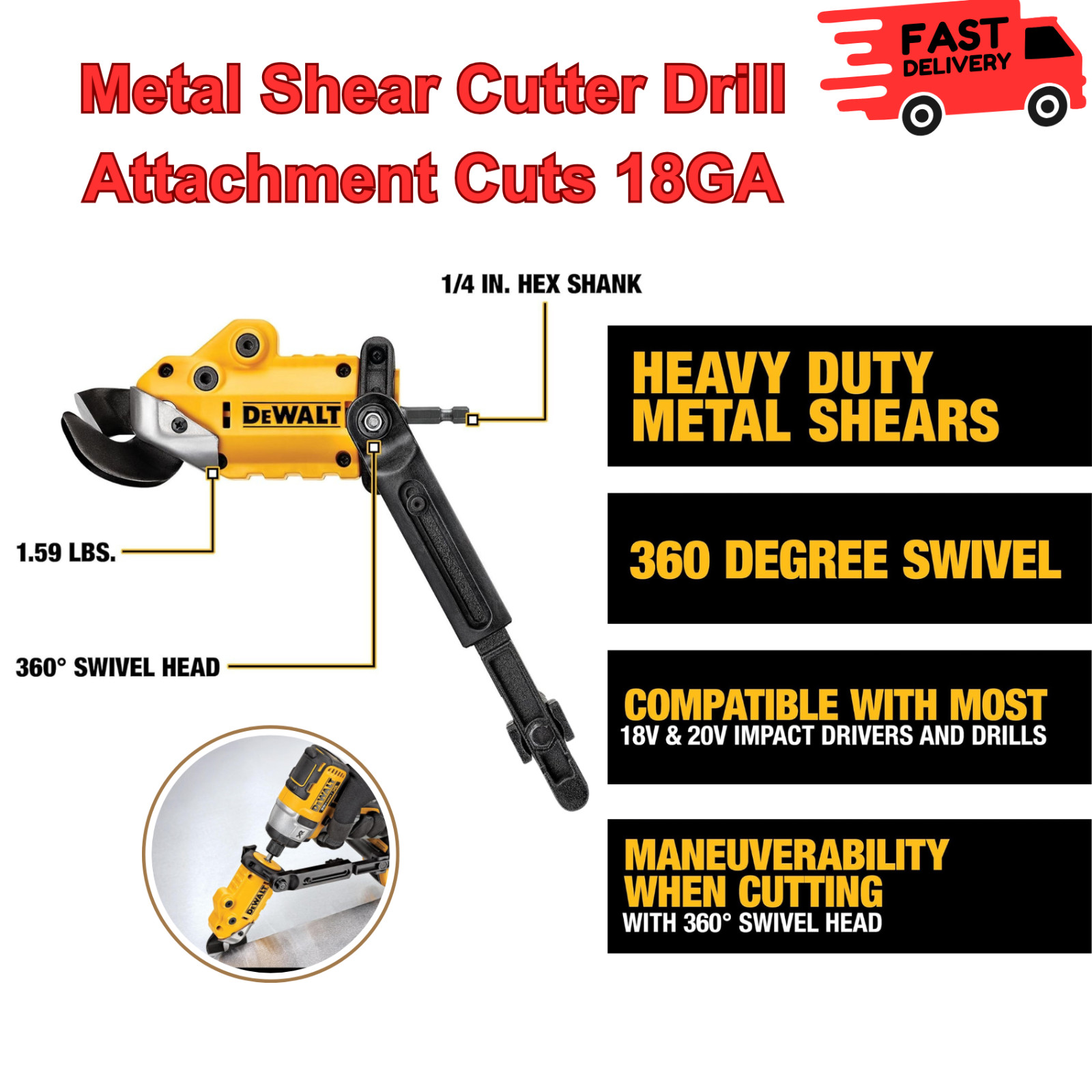 Metal Shear/Cutter Drill Attachment,360 Degree Pivoting Head, Cuts 18GA Material