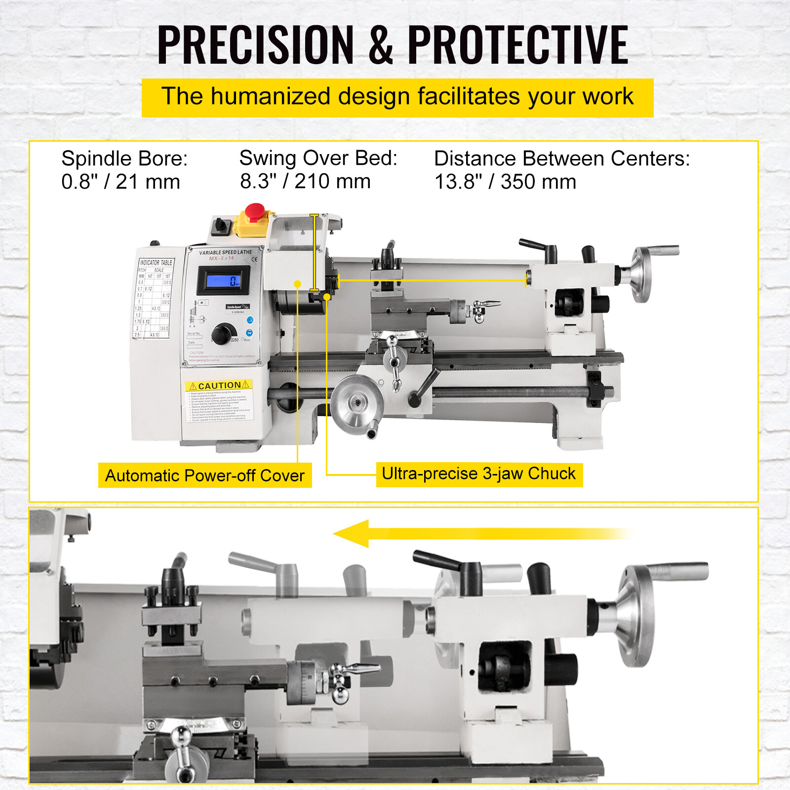 8×14″ 650W Precision Metal Lathe High Accuracy Variable Speed Milling Machine
