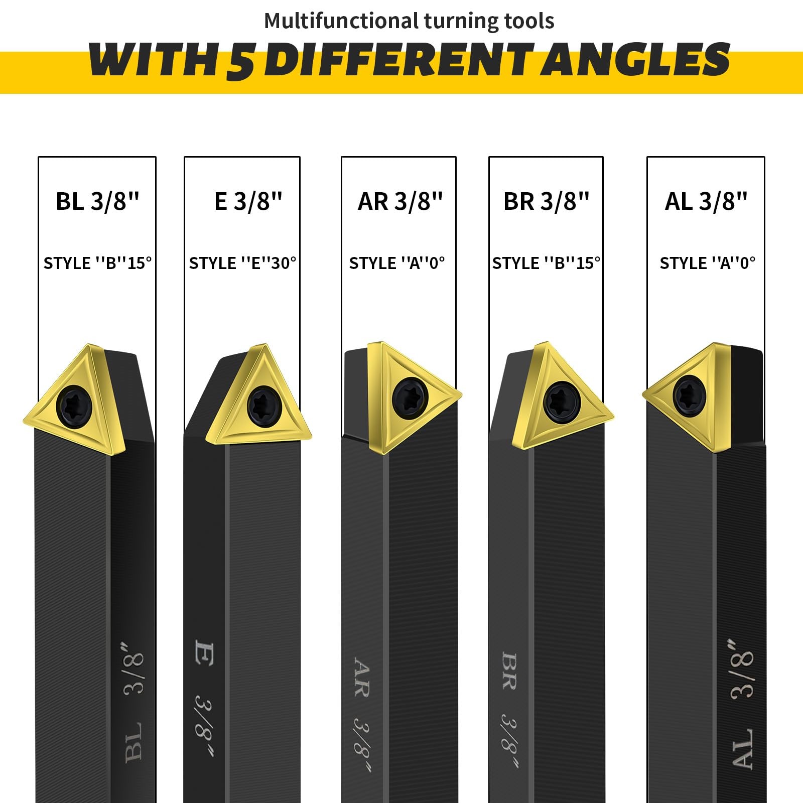 Metal Lathe Cutting Tools,5pcs 3/8” Shank Carbide Metal Cutting Tool Bits Kit,I