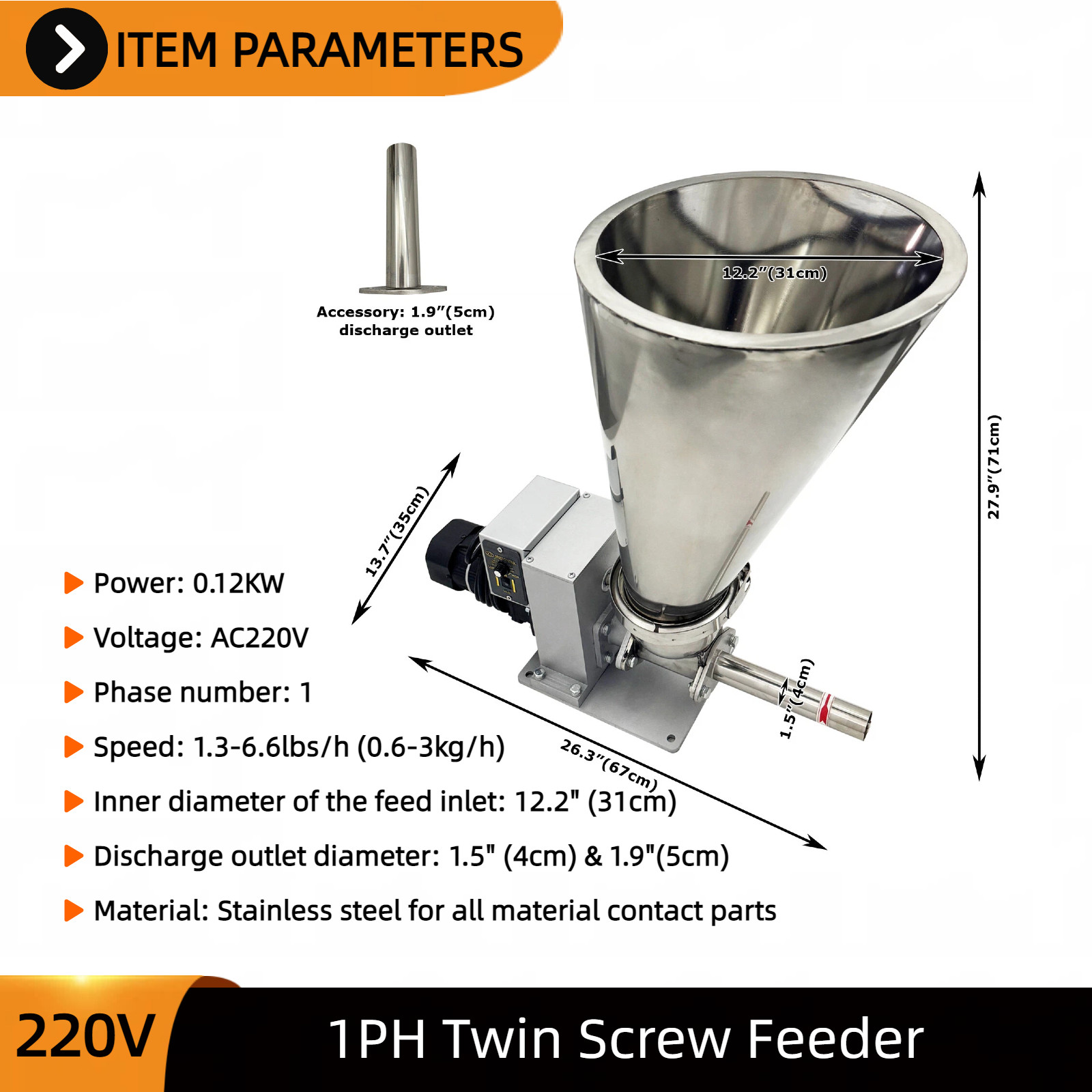 220V 1PH Single-Screw Volumetric Feeder 0.6-3kg/h for Granule Solid Materials
